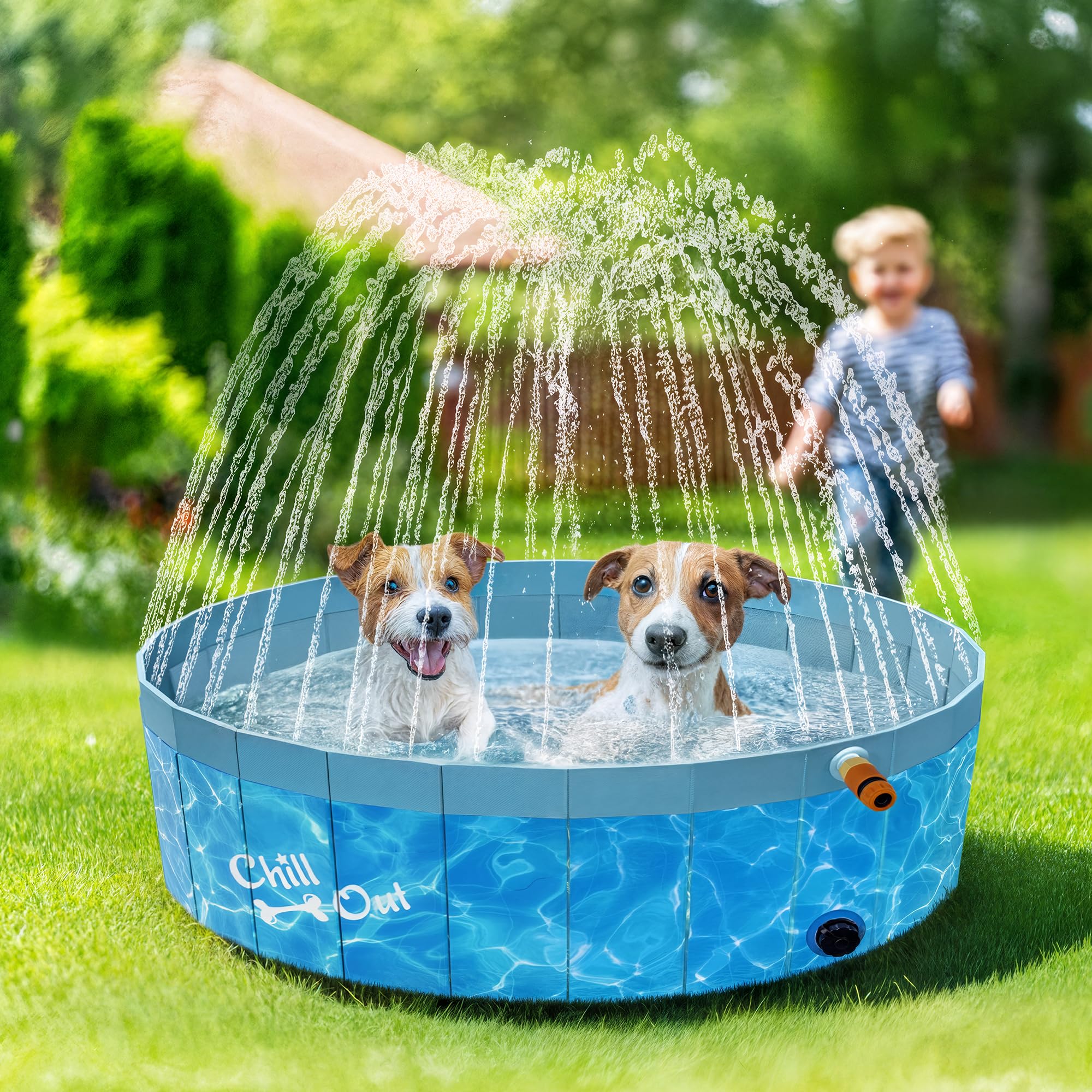 ALL FOR PAWS 160CM Piscina Grande Para Perros Con Rociador, Plegable 2 En 1 Para Nadar Y Salpicar, Plástico Duro Antideslizante, Piscina Tipo Salpicadero Para Jardín, Perros, Patos Y Baño De Mascotas