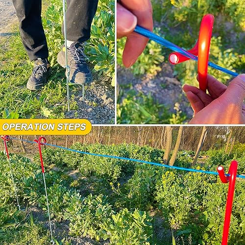 Miniatura 4 de Paquete de 20 postes de cerca de cola de cerdo de 41 pulgadas, estacas de metal temporales para jardín y ganado, fáciles de instalar y mover (rojo)