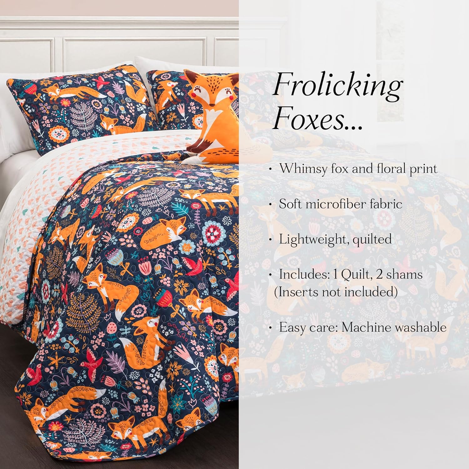 Lush Decor Pixie Fox Reversible Quilt Set, 3 Piece Set, Twin, Navy & Orange - Twin Bedding Sets For Girls - Whimsical Quilt For Kids & Toddlers -Floral & Heart Print - Woodland Bedroom Decor
