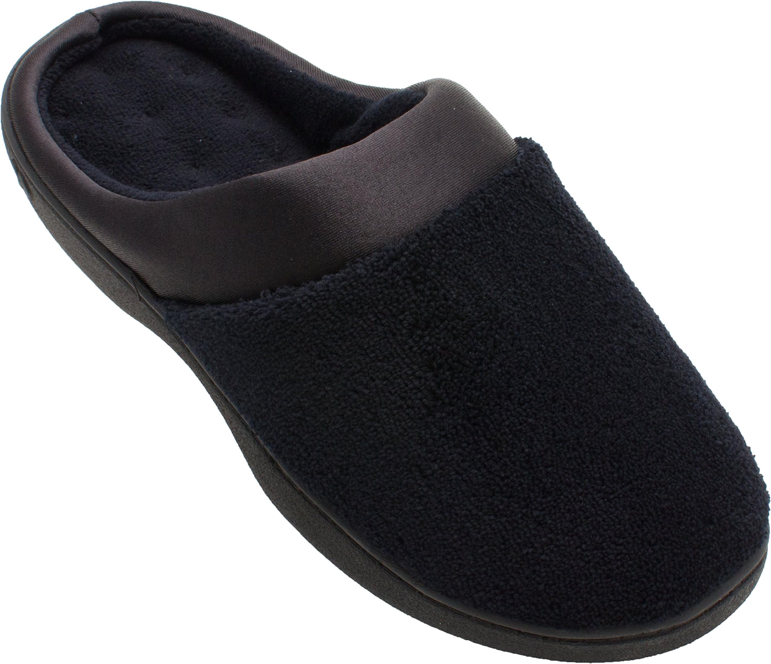 womens Terry and Satin Slip on Cushioned Slipper With Memory Foam for Indoor/Outdoor Comfort