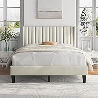 Vista 12 de Yaheetech - Base de cama tamaño queen con plataforma tapizada y cabecera de tela, diseño de borde ala, antideslizante y silenciosa, soporte de Negro