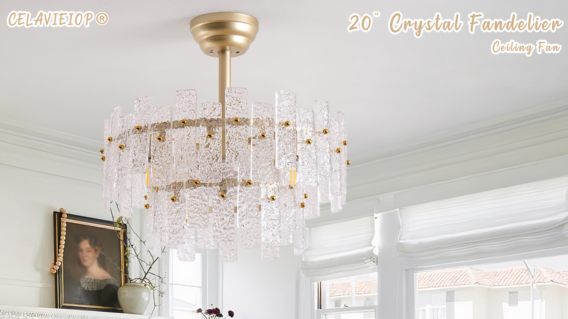 Image of 20 inch Gold Fandelier Ceiling Fan with Light,Gold Crystal Chandelier Ceiling Fans with Lights and Remote Control,Mid-Century Modern Caged with 6 Speeds for Living Room Bedroom Nursery