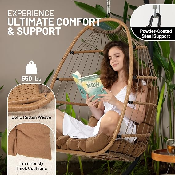 SereneLife Hanging Egg Chair w/Stand - Wicker Rattan Swing, Padded Cushion