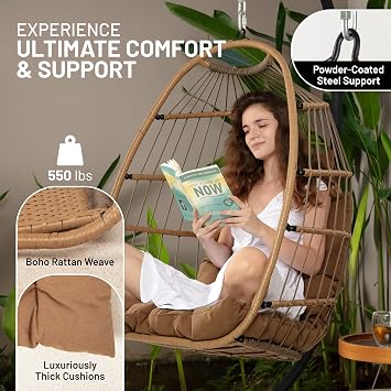 SereneLife Hanging Egg Chair w/Stand - Wicker Rattan Swing, Padded Cushion