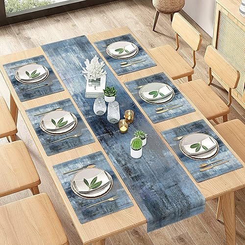 ArtSocket Juego de 6 manteles individuales y camino de mesa de granja, abstracto, azul, gris, gris, pintura vintage, decoración de mesa de comedor
