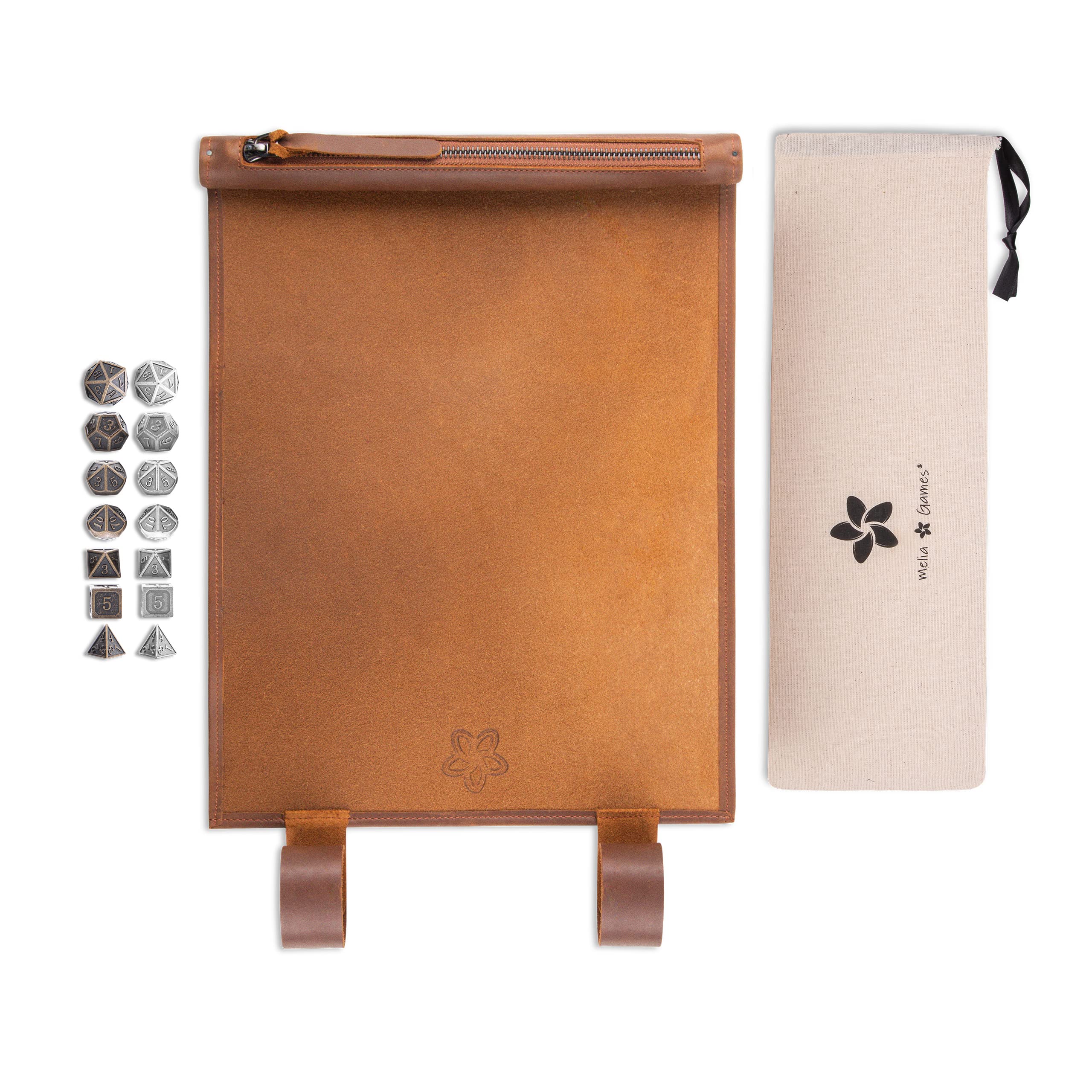 RPG - Alfombrilla para Dados, Hecha a Mano, de Piel auténtica, con Compartimento para Dados, para Todos los Juegos de fantasía como DND, DSA, Cthulhu (Tobacco + Bronze & Iron Set)