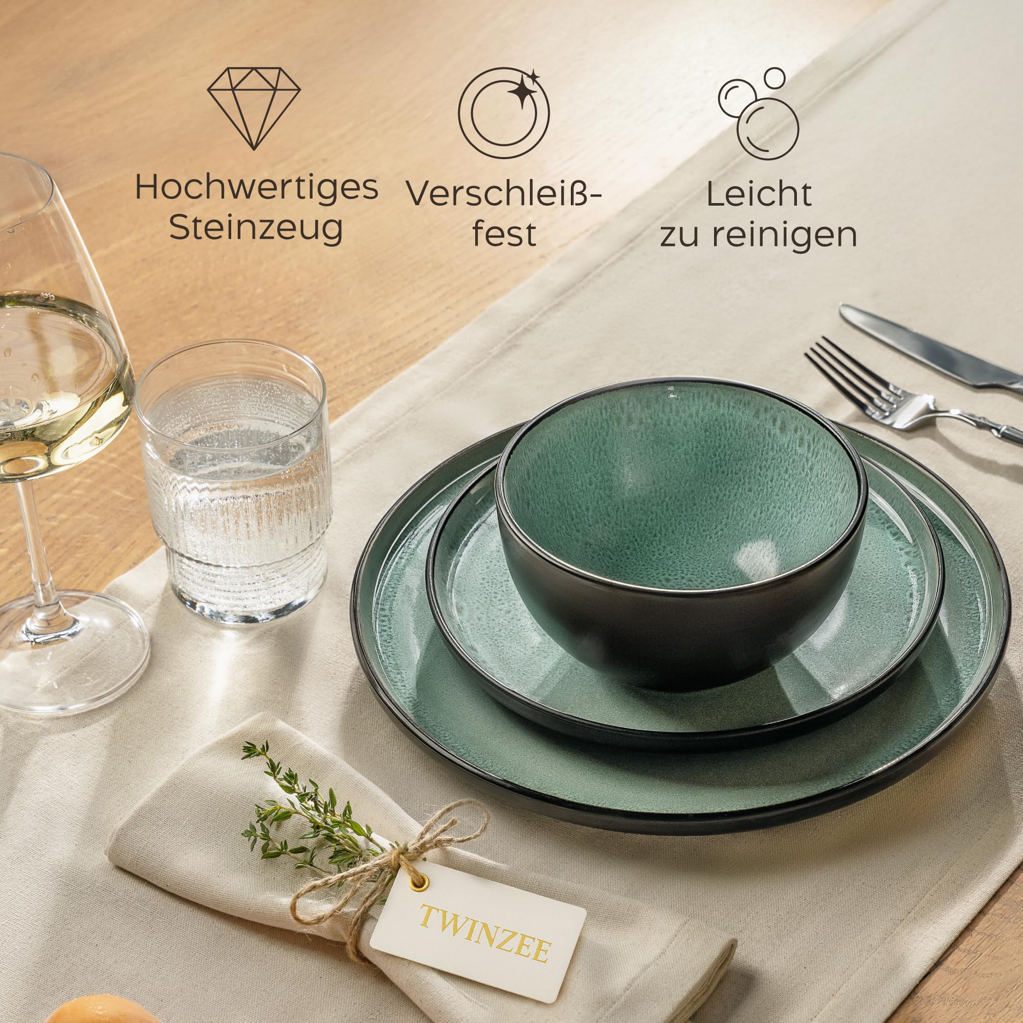 Twinzee Steingut Geschirrset 24-teilig für 6 Personen - Schüssel- und Teller Set - Tafelservice Mikrowellengeeignet aus Steinzeug - Riviera Kollektion