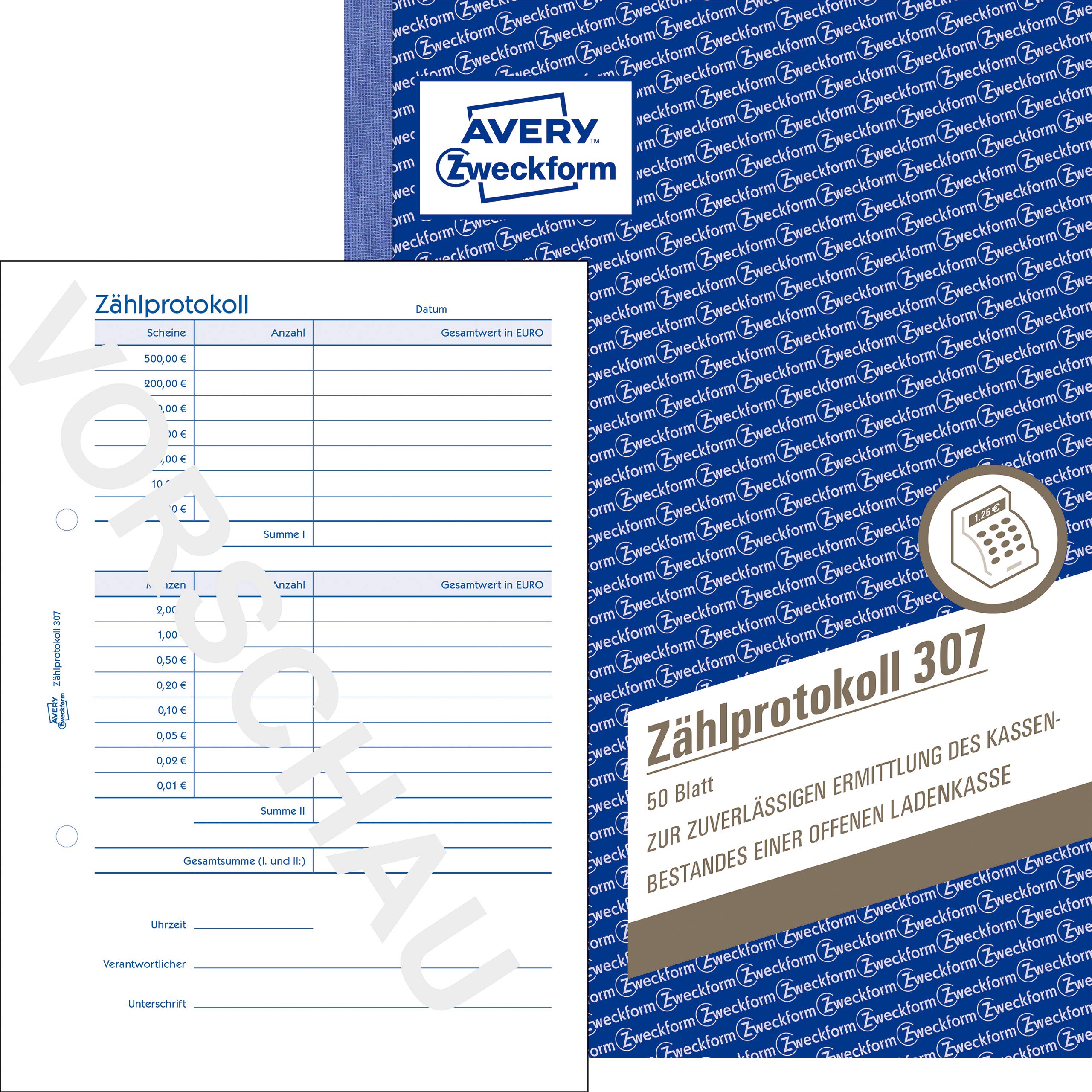 AVERY Zweckform 307 Zählprotokoll für offene Ladenkassen (A5, von Steuerberatern empfohlen, mit Ausfüllhilfe, für Deutschland zur einfachen Zählung des Barbestands, 50 Blatt) 5er Pack