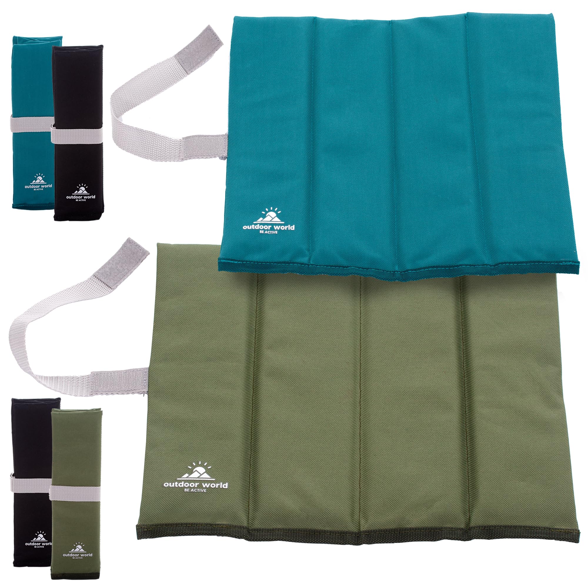 2 x Outdoor World XL Folding Sit Mats – Lightweight Waterproof Foam Seat Pad for Camping, Hiking, Festivals & Picnics – Compact Foldable Cushion for Stadiums & Garden (Olive x 1 & Teal x 1)