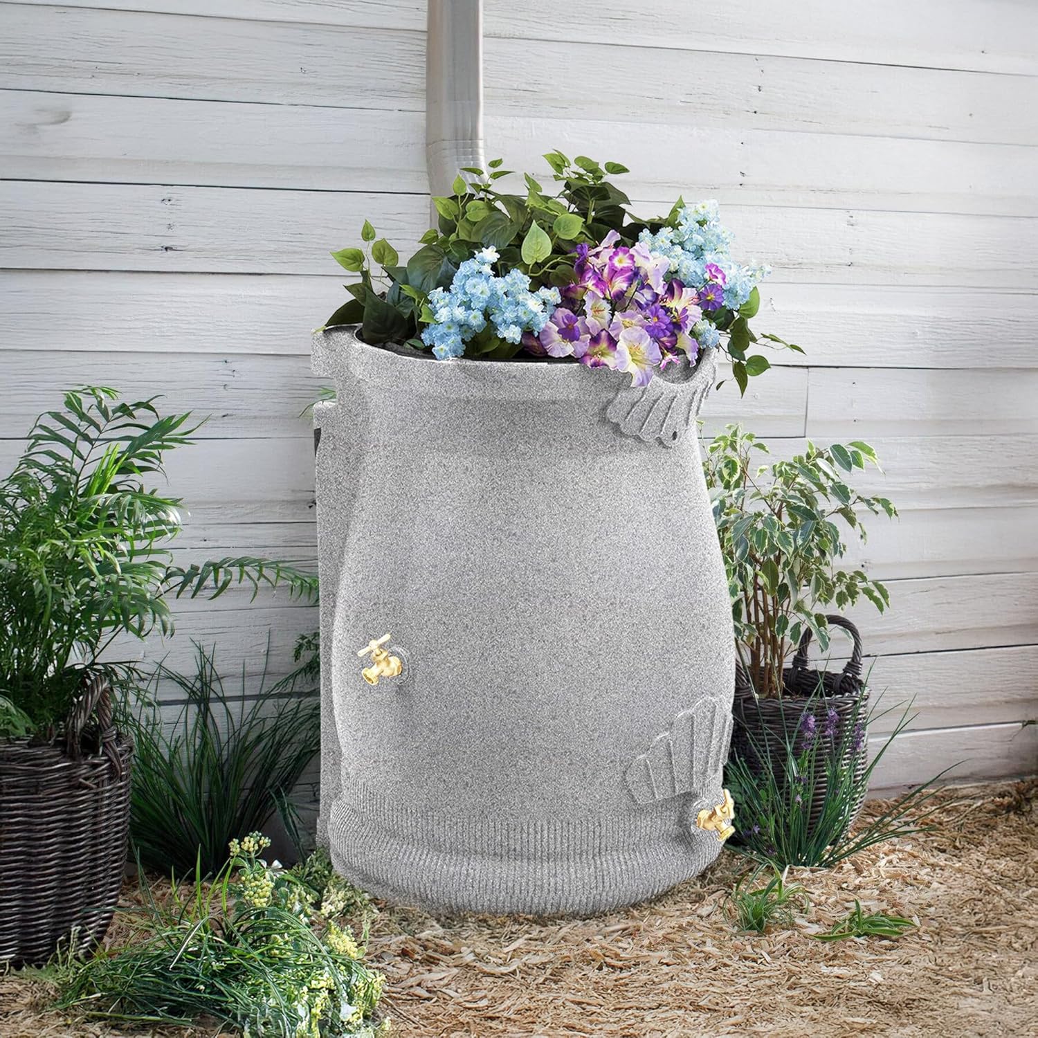 Good Ideas Rain Wizard Plastic Resin Urn, 50 Gallon Rain Barrel, Light Granite and Good Ideas Rain Wizard Rain Barrel Stand, Adds Room for Buckets
