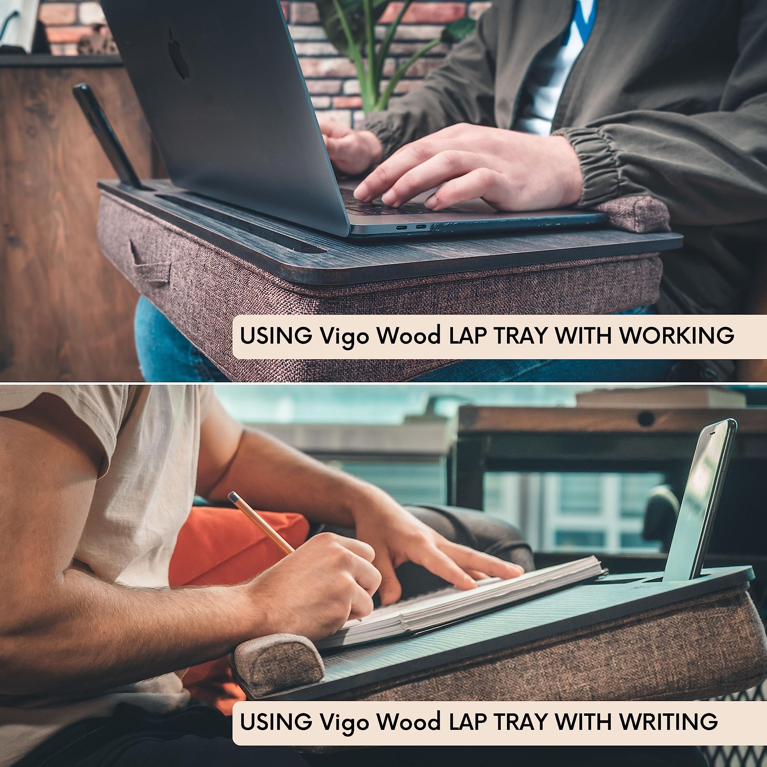 Vigo Wood Escritorio de Regazo XL de Madera con Cojín para Portátiles hasta 17,3'', con Soporte para Ratón, Tablet y Teléfono, Ideal para Cama y Sofá (Cambridge Y Marrón)