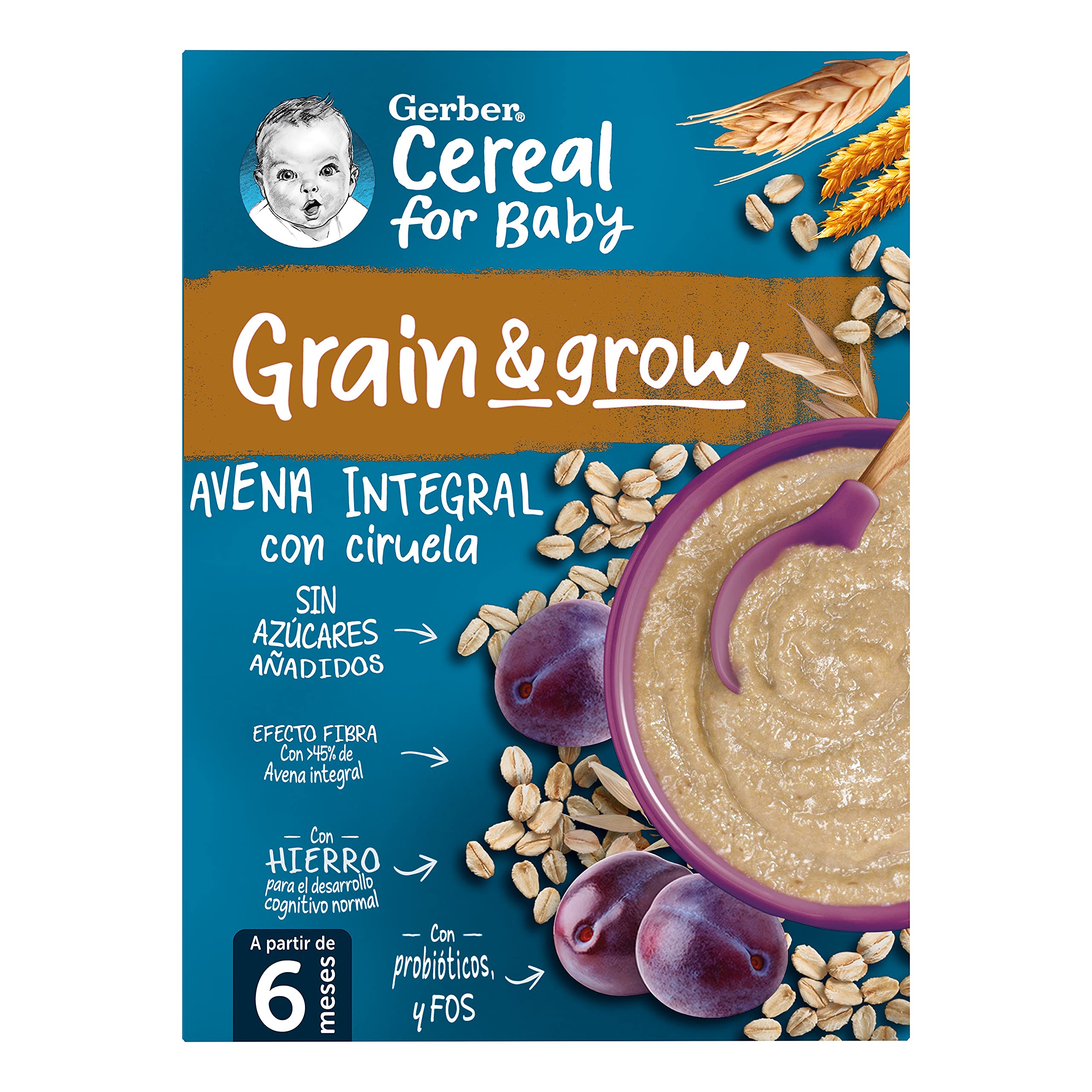 GERBER Avena Integral con Ciruela, Papilla de Cereales para Bebés, Paquetes 9x250g, a partir de 6 meses