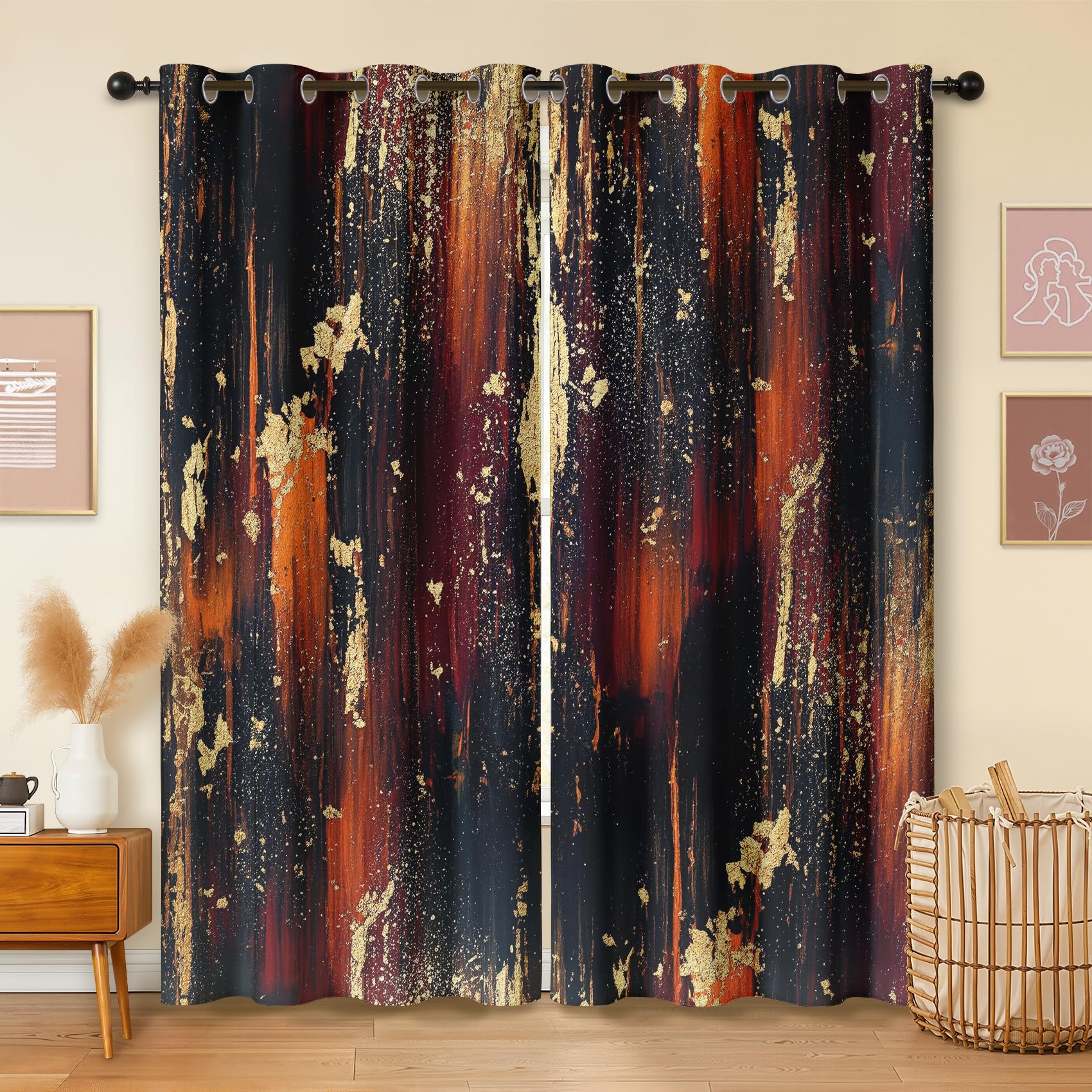 Havenix Burnt Orange Black and Gold Blackout Curtains for Bedroom Living Room, Eyelet Curtains 90x108, Thermal Insulated Drapes for Windows, Luxury Abstract Patterned Window Treatments, 2 Panels