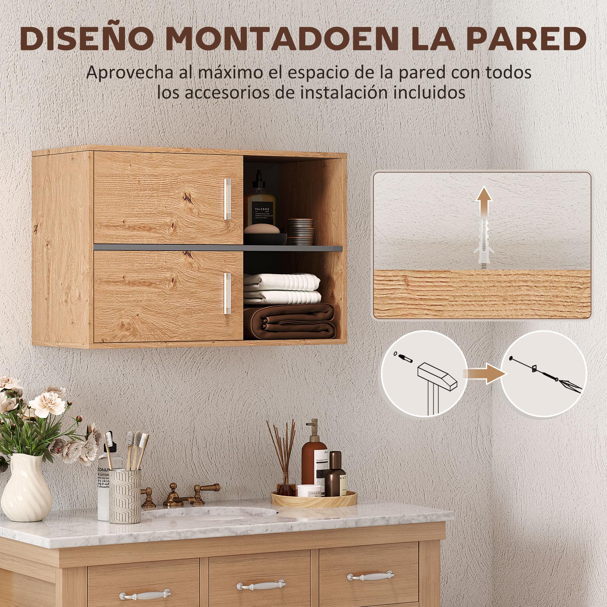 HOMCOM Mueble Auxiliar de Baño 2 Puertas Moderno 80x35x57,5 cm Natural | Armario de Baño de Pared, Compartimentos Abiertos de Almacenamiento, para Entrada Cocina