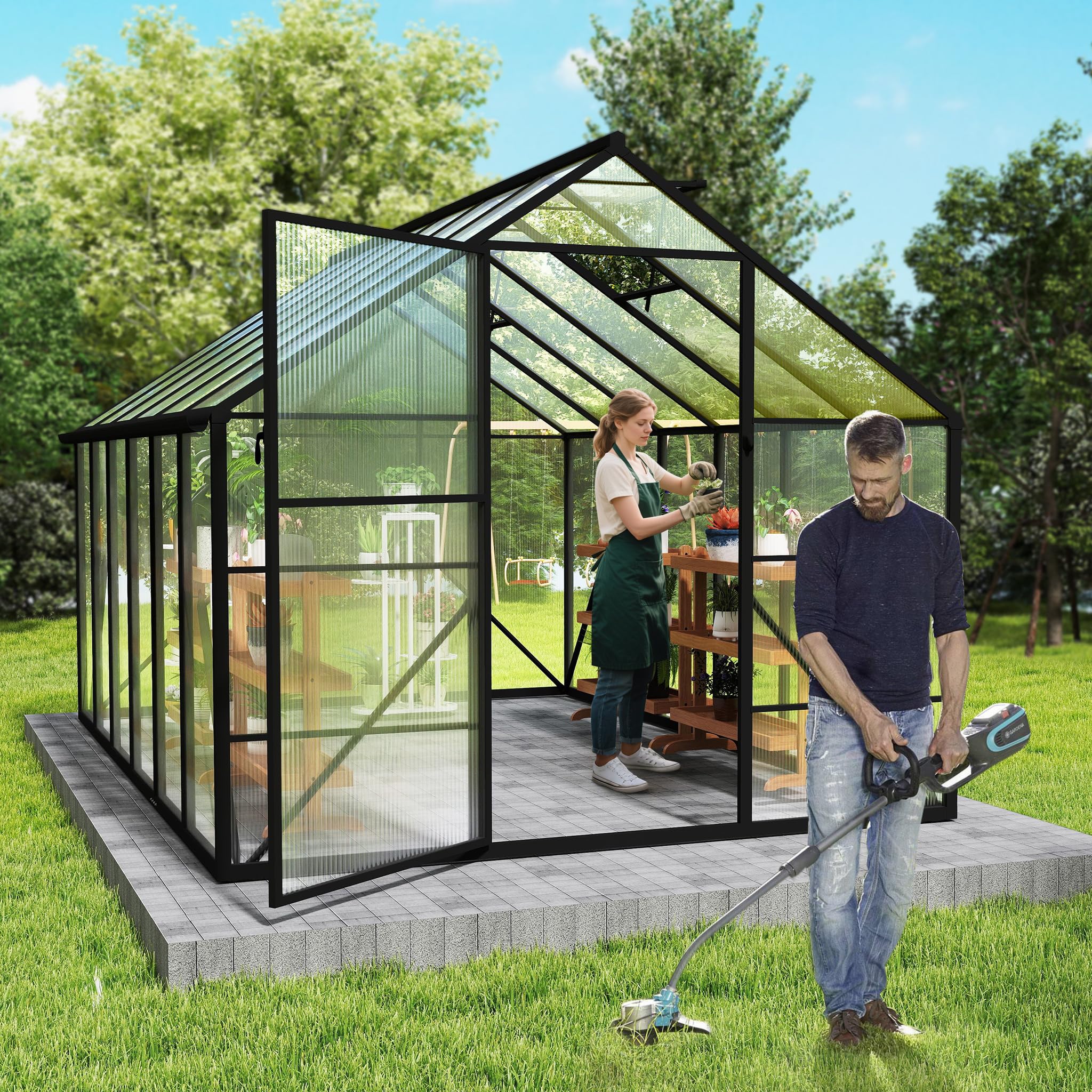 NAIZY, serra da giardino 380x250x205 cm con ancoraggio a terra e pellicola di base da 6 cm, serra in policarbonato da 580 g e 4 mm con struttura in alluminio, serra per pomodori e coltivazione