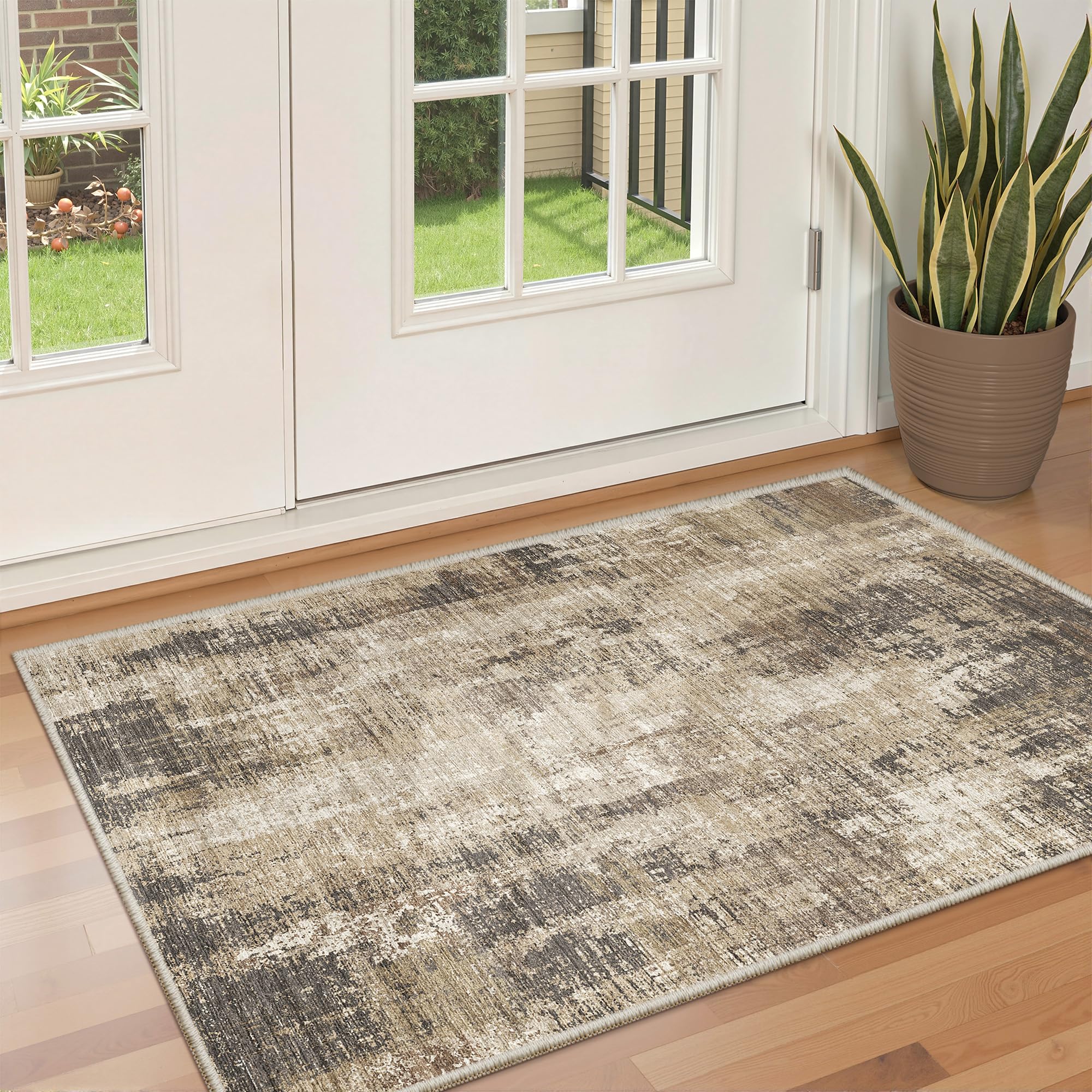Valenrug 3x5 Rug Non Slip, Abstract Washable Entryway Rug for Bedroom Taupe | Soft & Lighweight, Folable, Stain Resistant Low Pile Thin Indoor Distressed Carpet Rugs for Living Room,Laundry Room,Kitchen