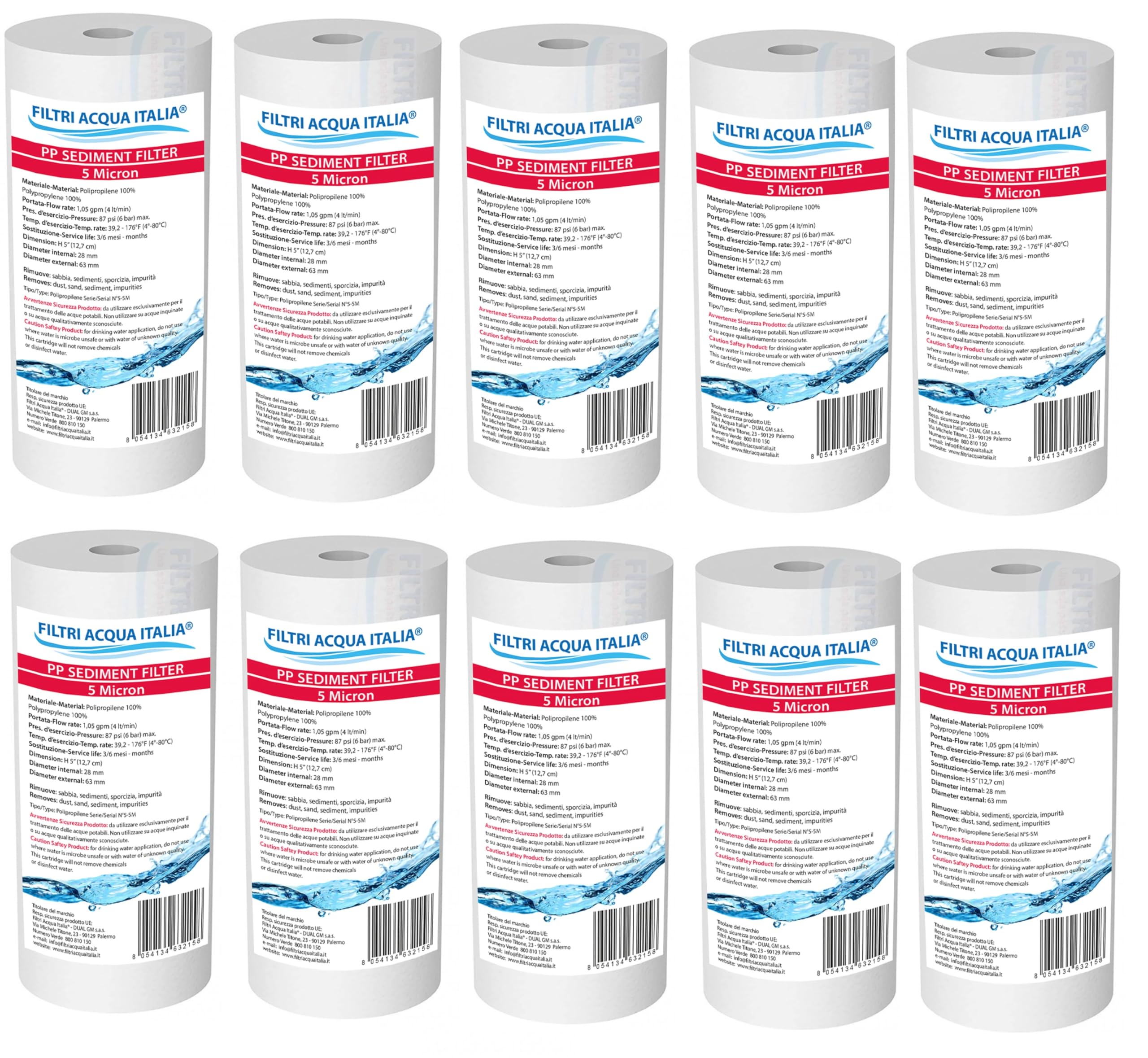 CARTUCCIA FILTRO A SEDIMENTI 5 POLLICI MICRON 5 PER OSMOSI INVERSA DEPURATORE ACQUA SET 10 PEZZI