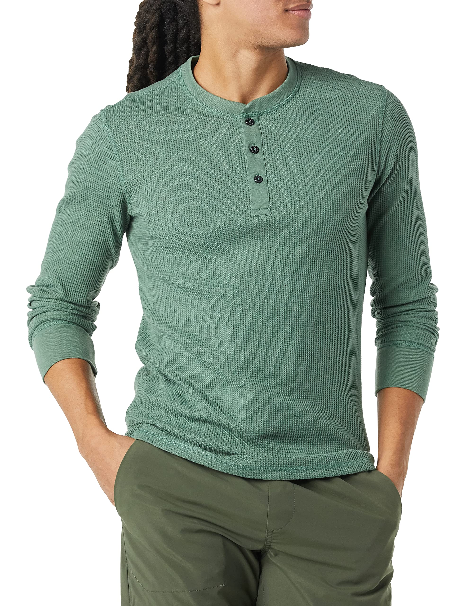 Amazon Essentials Men's Slim-Fit Long-Sleeve Waffle Henley Shirt, Green, M