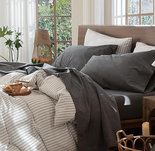 MooMee - Juego de sábanas 100% algodón lavado, textura parecida al lino, transpirable, duradero, suave y cómodo (color gris oscuro, tamaño king)