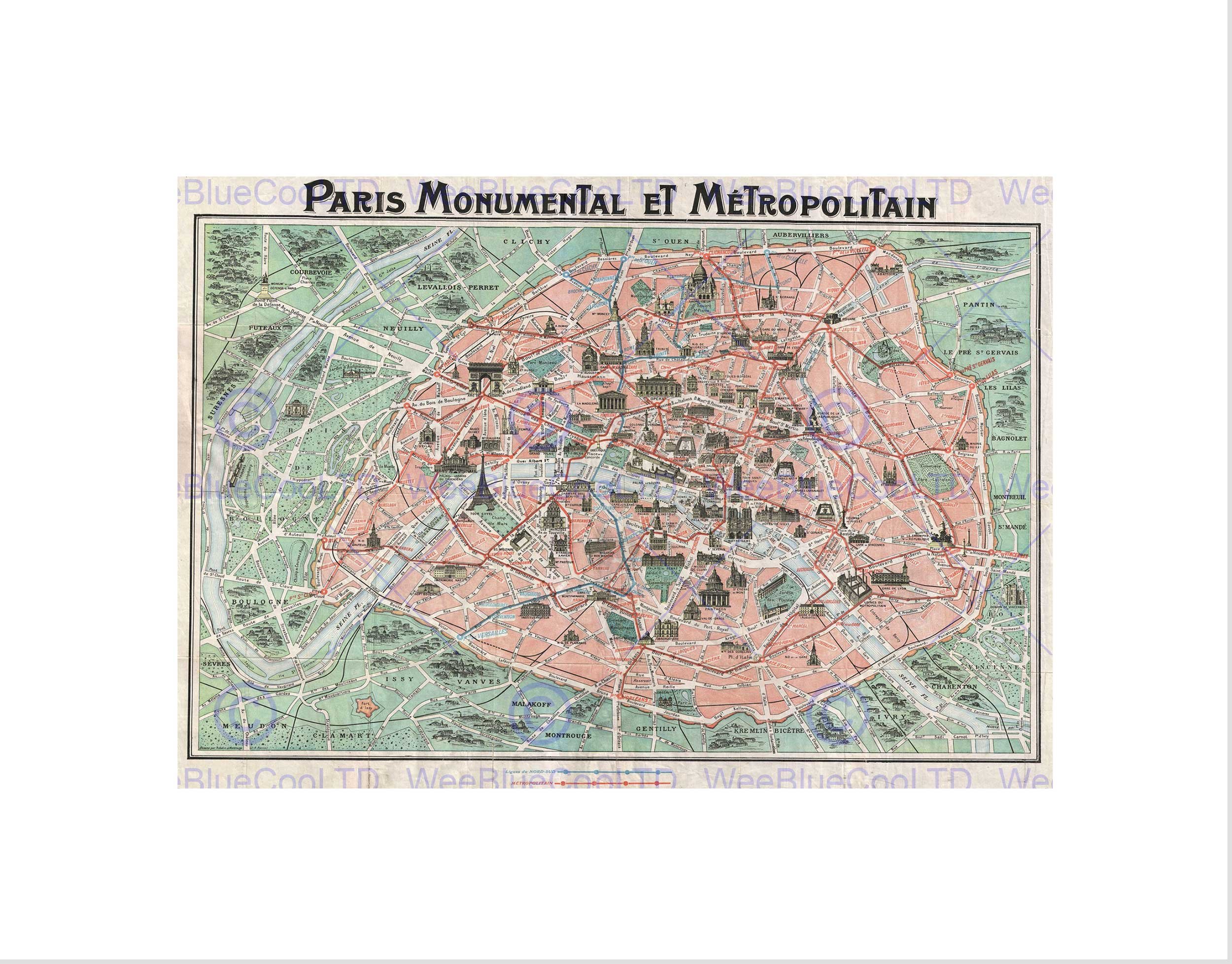 Wee Blue Coo Map Illustrated Antique Robelin Paris Wall Art Print
