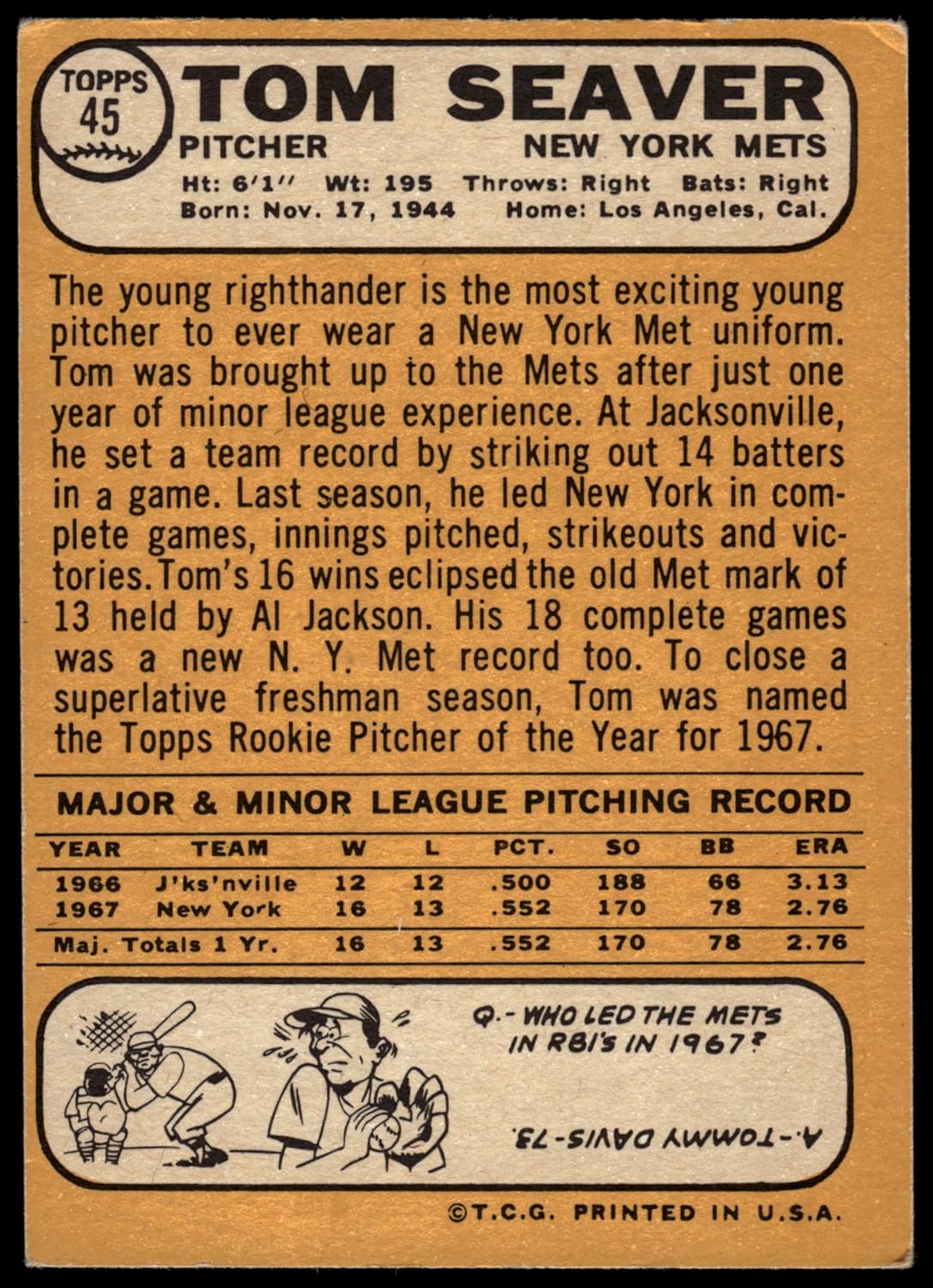 1968 Topps #45 A Tom Seaver New York Mets (Baseball Card) (Back is Gold in Color) VG/EX Mets