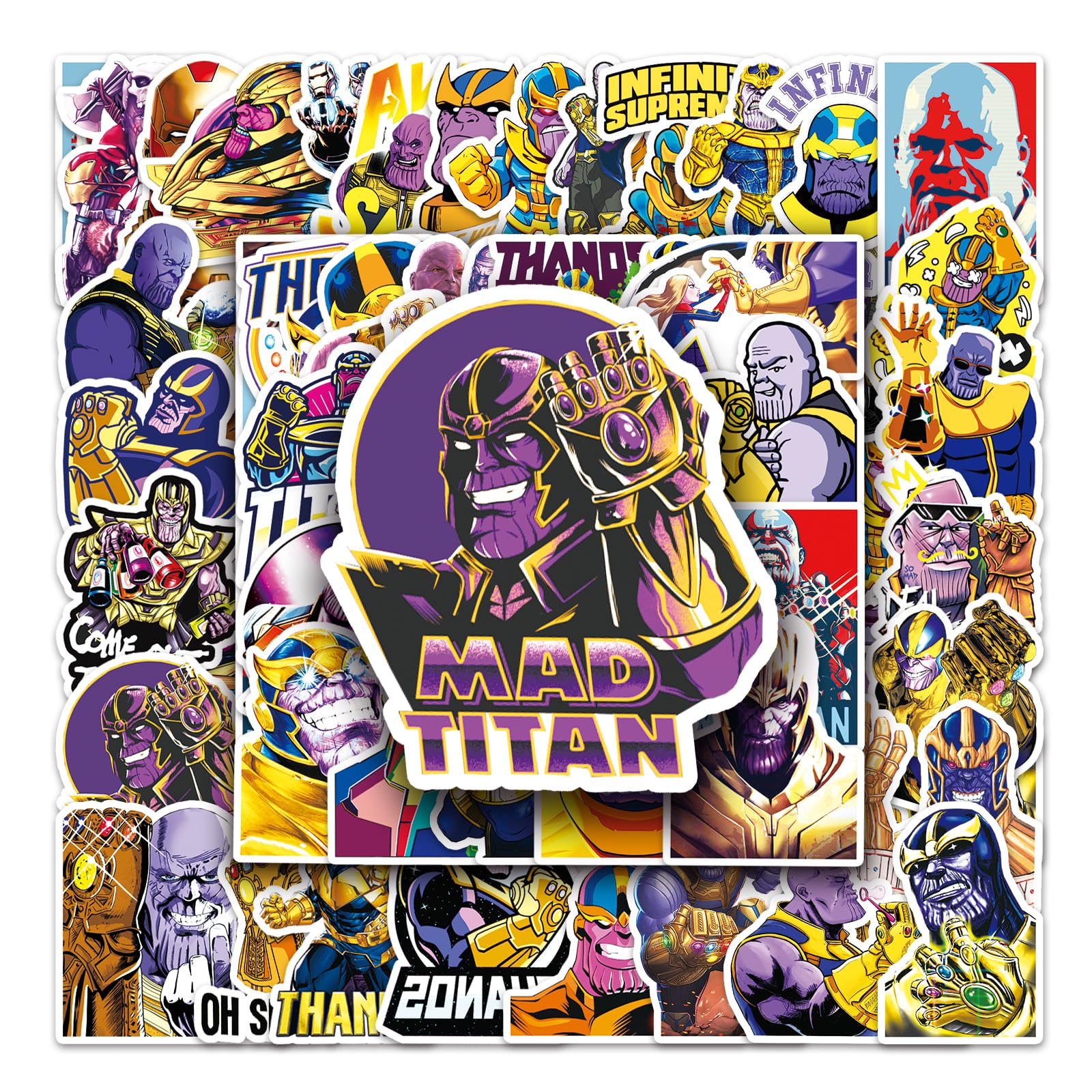 50 Thanos Aufkleber, Wasserfester PVC-Stickers | Individuelle Graffiti-Cartoon-Motive, Deko-Sticker für Skateboards, Koffer & glatte Oberflächen