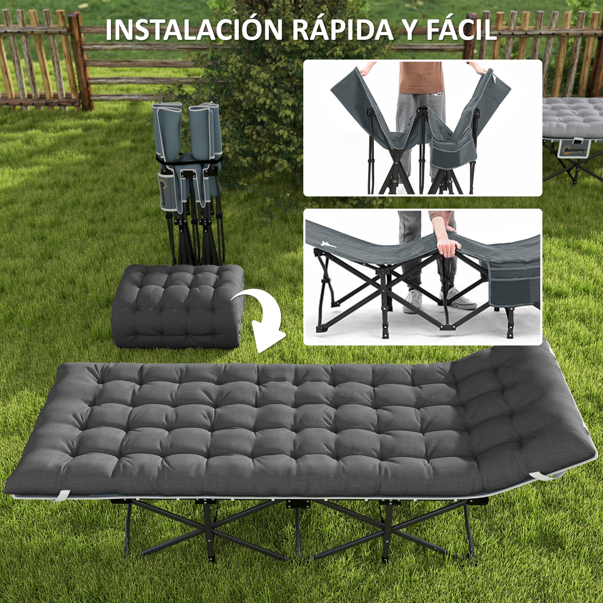 Outsunny Cama Plegable Camping Cama de Acampada Portátil Tumbona de Camping 600D con Reposacabezas Colchón Extraíble y Bolsa de Transporte Carga 150 kg para Playa Senderismo 186x68x37 cm