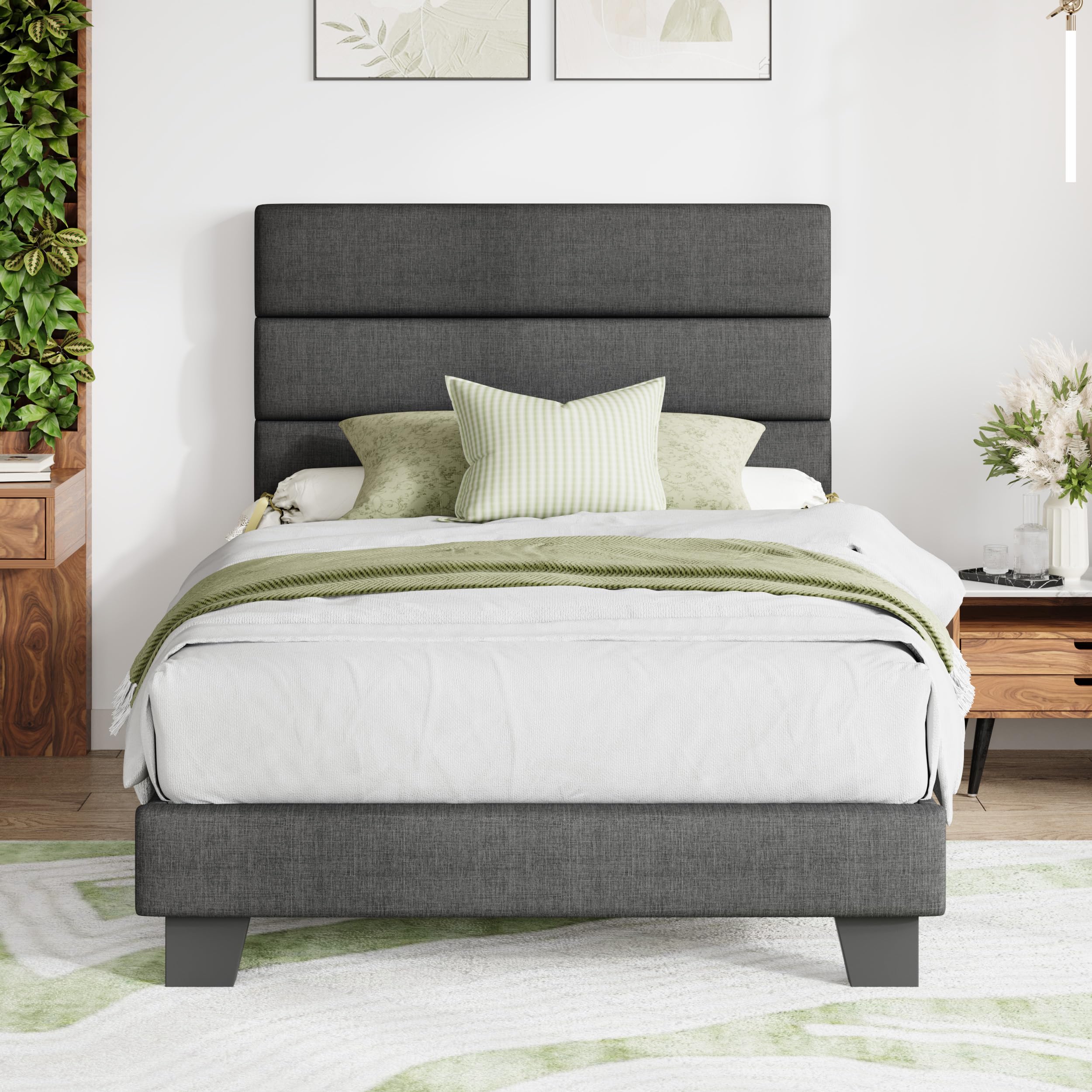 MUTICOR Polsterbett 90 x 200 cm mit Stauraum – Bettgestell mit Stoffbezug und Kopfteil, Stabiler Holzlattenrost, voll gepolsterter Rahmen, einfache Montage, Dunkelgrau