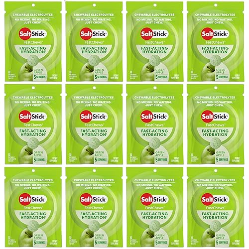 SaltStick Electrolyte FastChews - 120 Count Green Apple Flavor - Electrolyte Tablets for Hydration, Salt Tabs - 10 Count (Pack of 12) - Green Apple - 10 Count (Pack of 12)