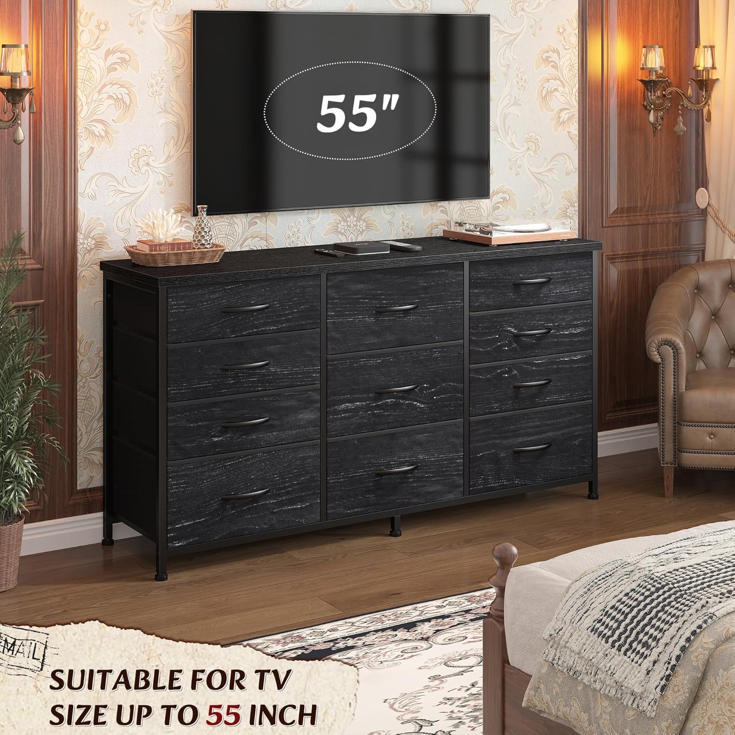 Black Dresser for Bedroom with 11 Fabric Drawers, Dresser TV Stand for 50, 55 Inch TV, Sturdy Dressers & Chests of Drawers for Entryway, Sturdy Metal Frame & Wood Top