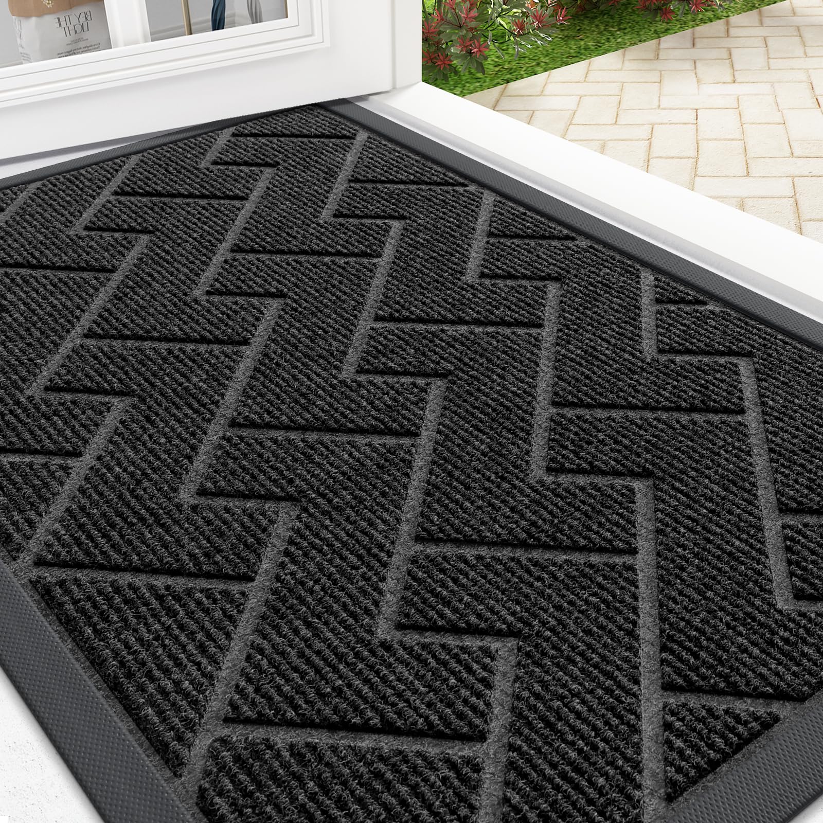 OLANLY Front Door Mat Indoor Outdoor Entrance, Waterproof All-Season, All-Weather Doormat, Sturdy Natural Rubber, Low Profile, Easy Clean Patio Porch Entryway Mat, Herringbone Brick (Black, 29.5x17)