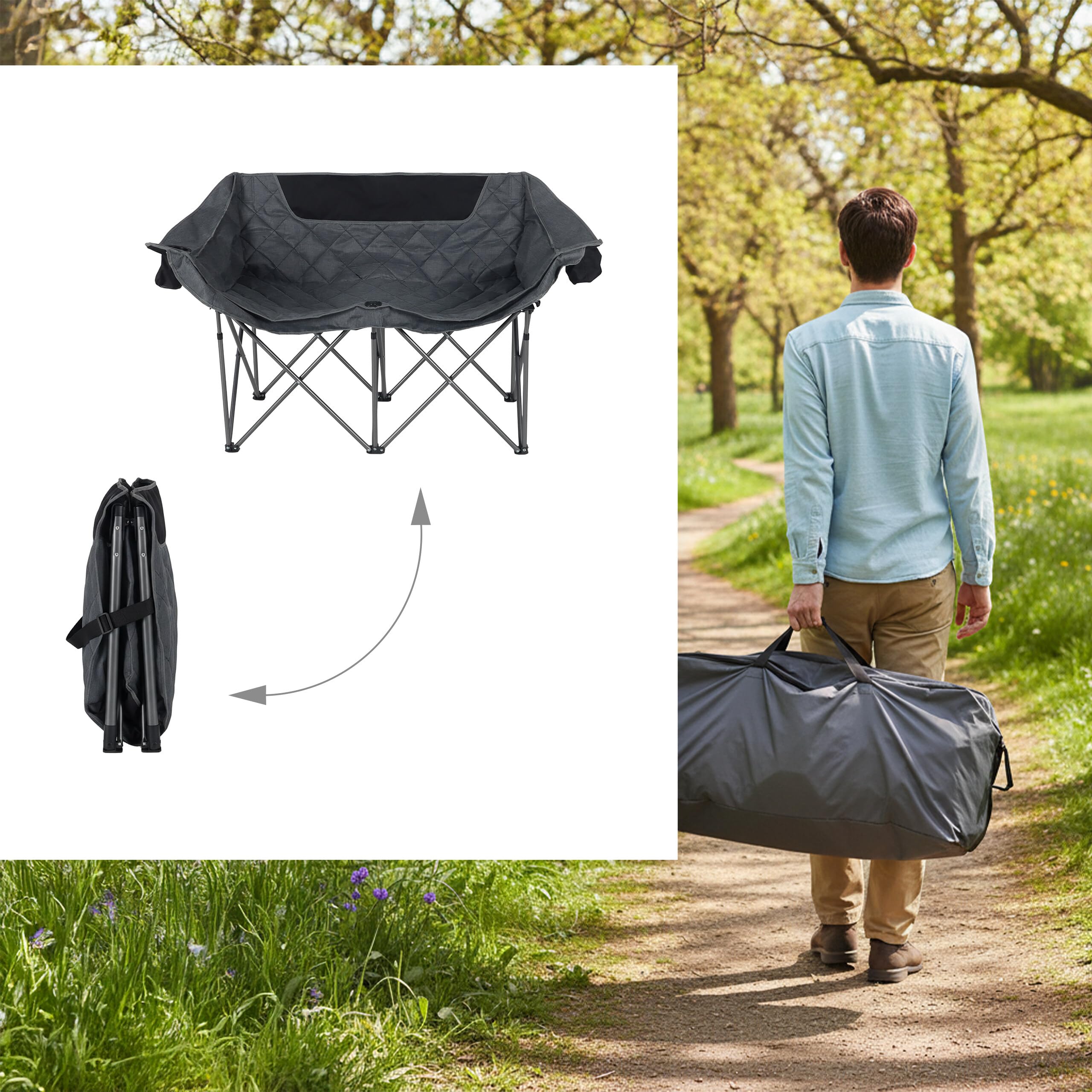 Relaxdays Banc de Camping, 2 Places, Pliable, accoudoirs, 2 Porte-gobelets, Sac Transport, 84x146x54 cm, Gris