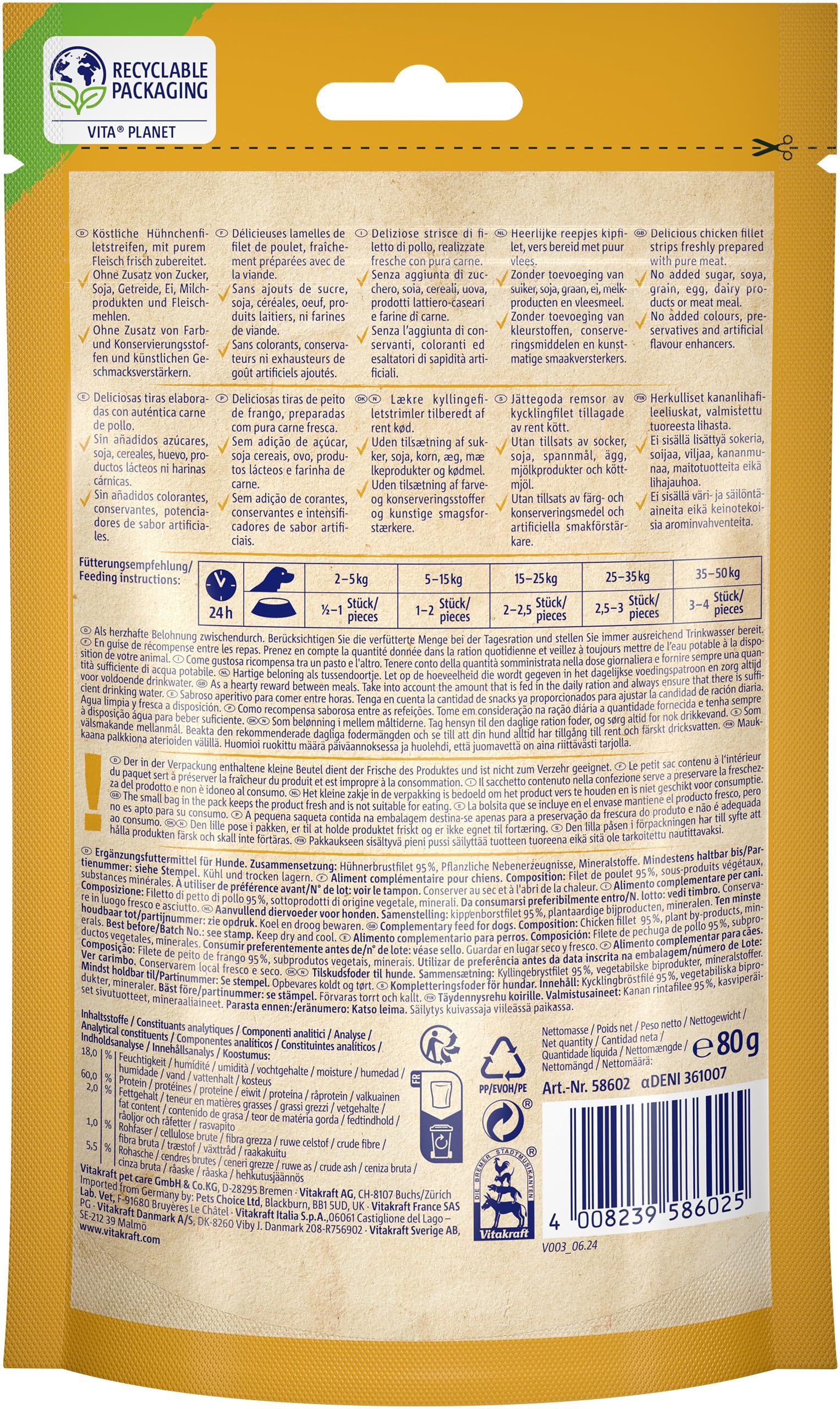 VITAKRAFT- Pure Chicken Filets, Friandises pour Chiens, Filets De Poulet, Friandises D’Entraînement, sans Sucre Ajouté (1X 80G)