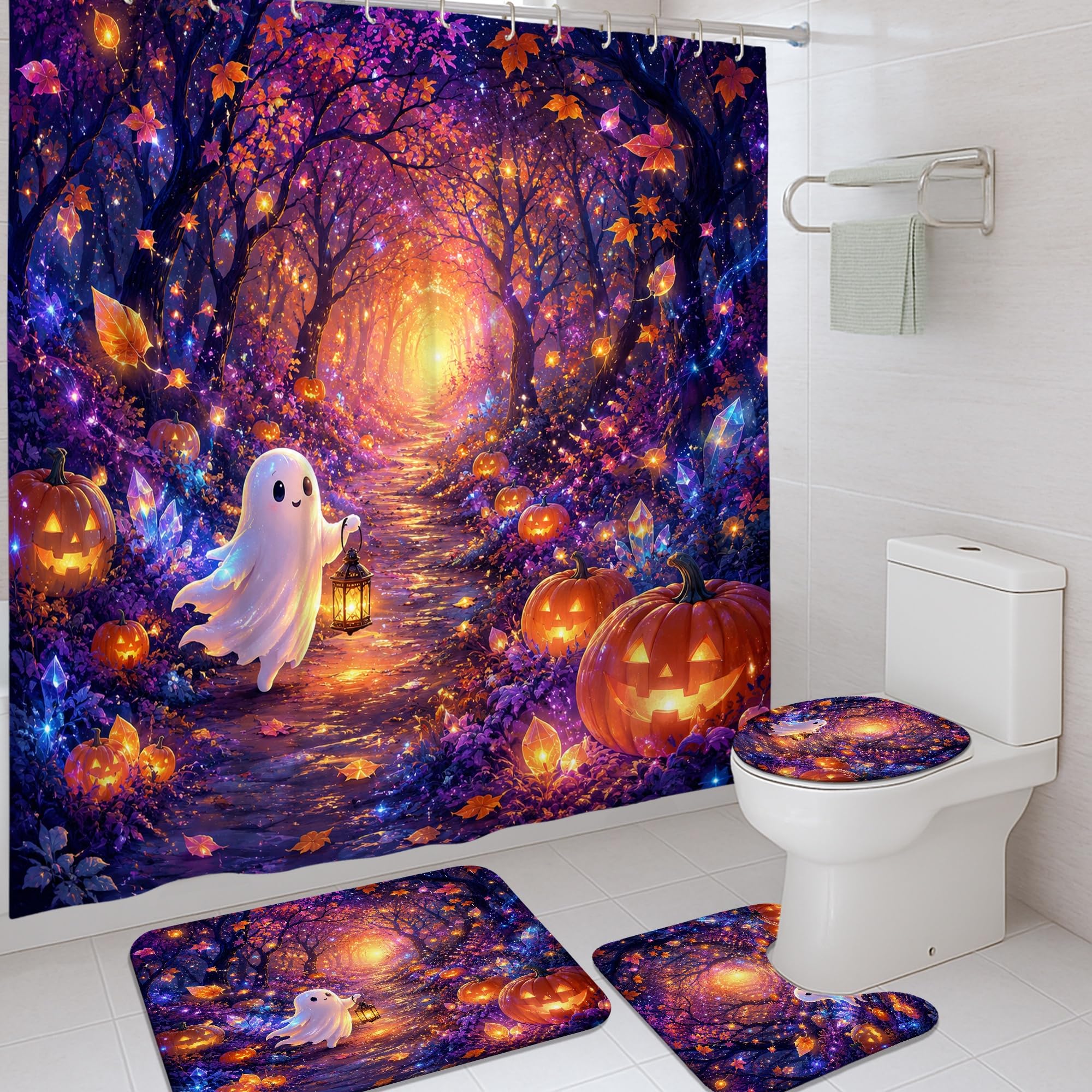 Rideau de douche Halloween avec tapis ensemble polyester imperméable pour baignoire