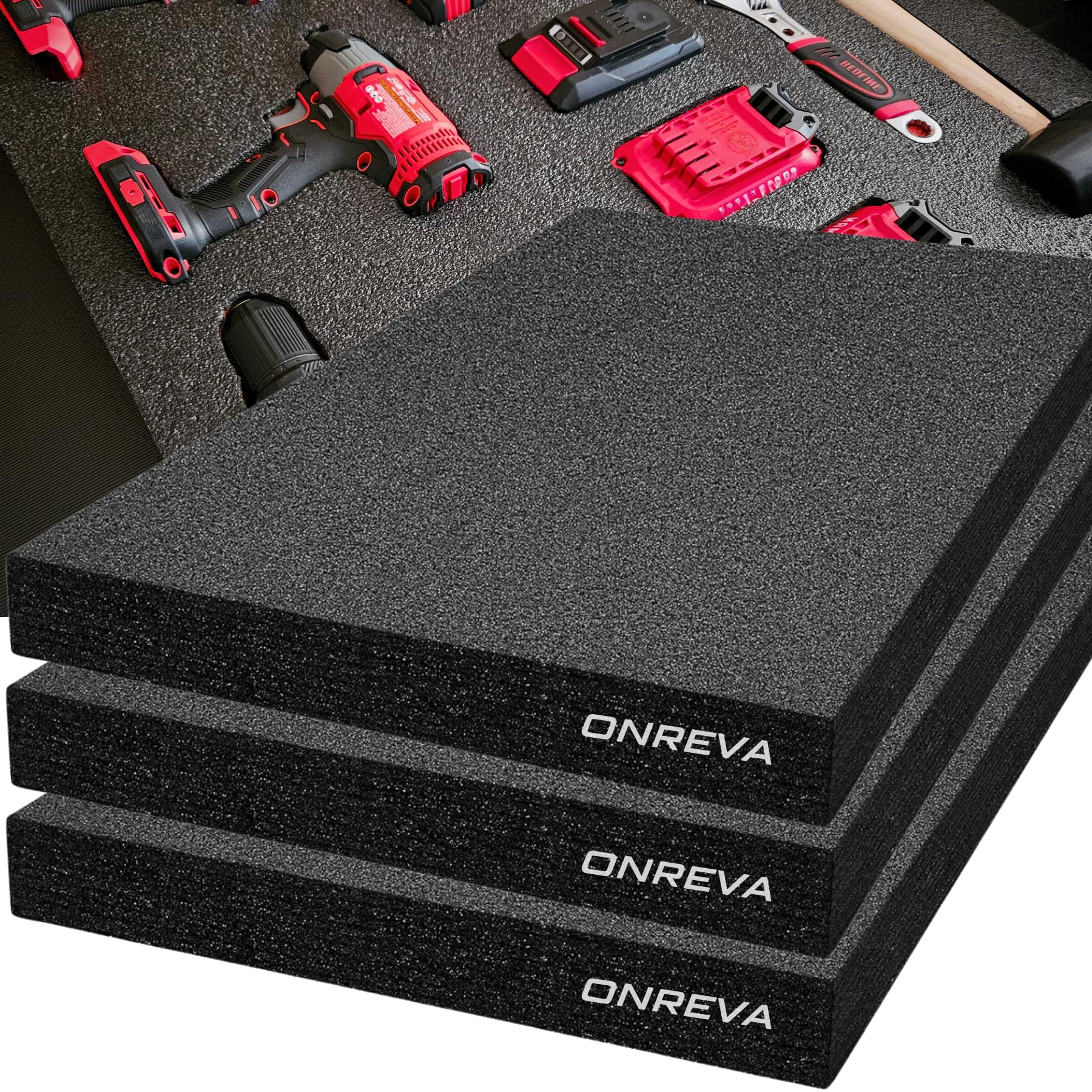 ONREVA Tool Box Foam 22x18x2 inch 3Pack, Foam Inserts for Cases, Polyethylene Storage Sheets for Toolbox Hard Case, Tool Shadow Insert, Kaizen Organizer Sheet, Black
