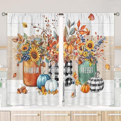 Miniatura 2 de Cortinas de cocina con calabazas de otoño y otoño, hojas de arce rústicas, florales, cosechas de Acción de Gracias, tablero de madera de campo de