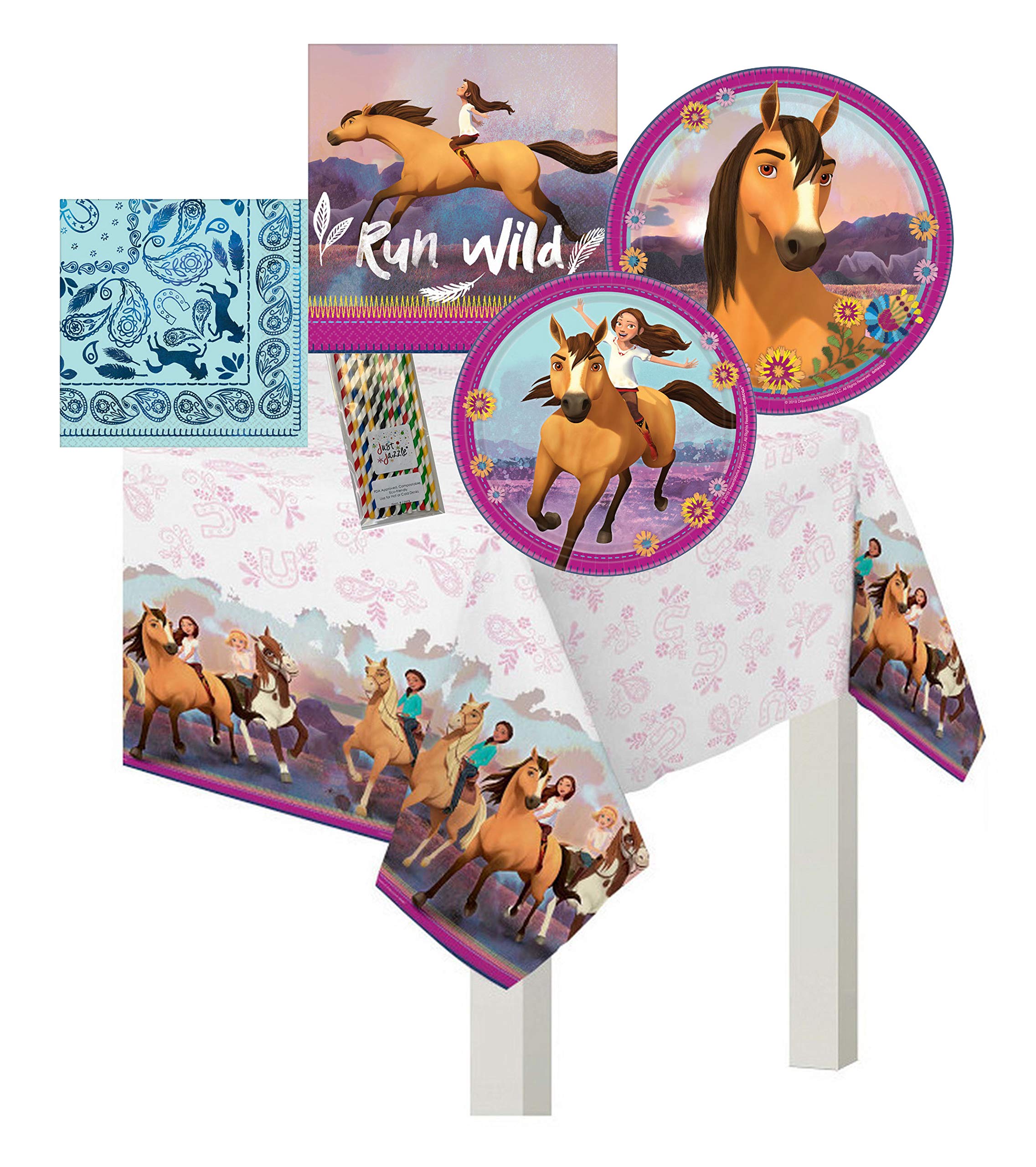 Just Jazzle Unique Spirit Riding Free Horse Birthday Party Tableware Kit Napkins, Plates, Tablecover Bundle, 16 Guests