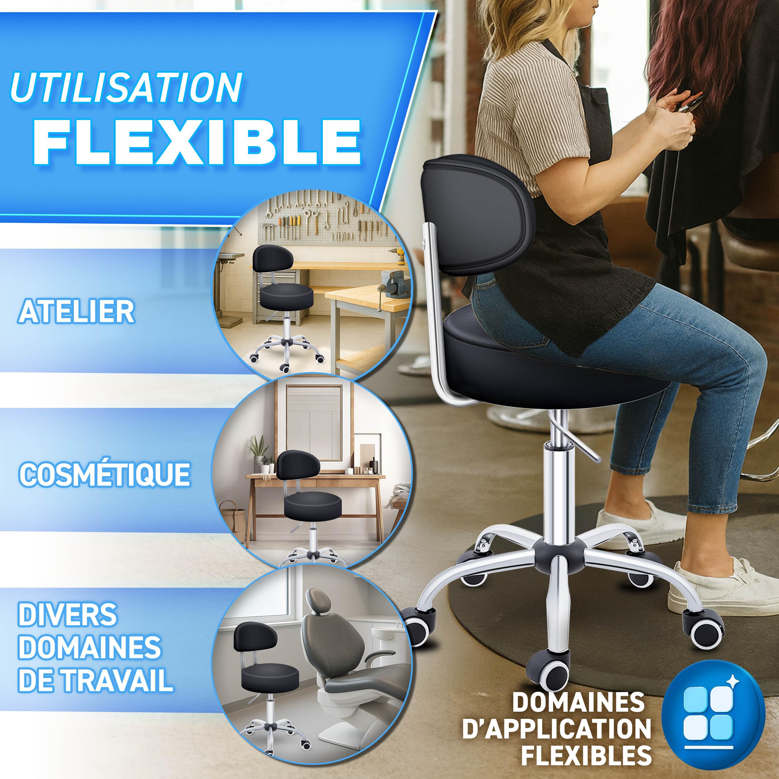 TRESKO® Tabouret à roulettes avec dossier noir - Hauteur réglable de 46 à 58 cm - Tabouret pivotant avec roulettes - Chaise de bureau pivotante - Tabouret cosmétique