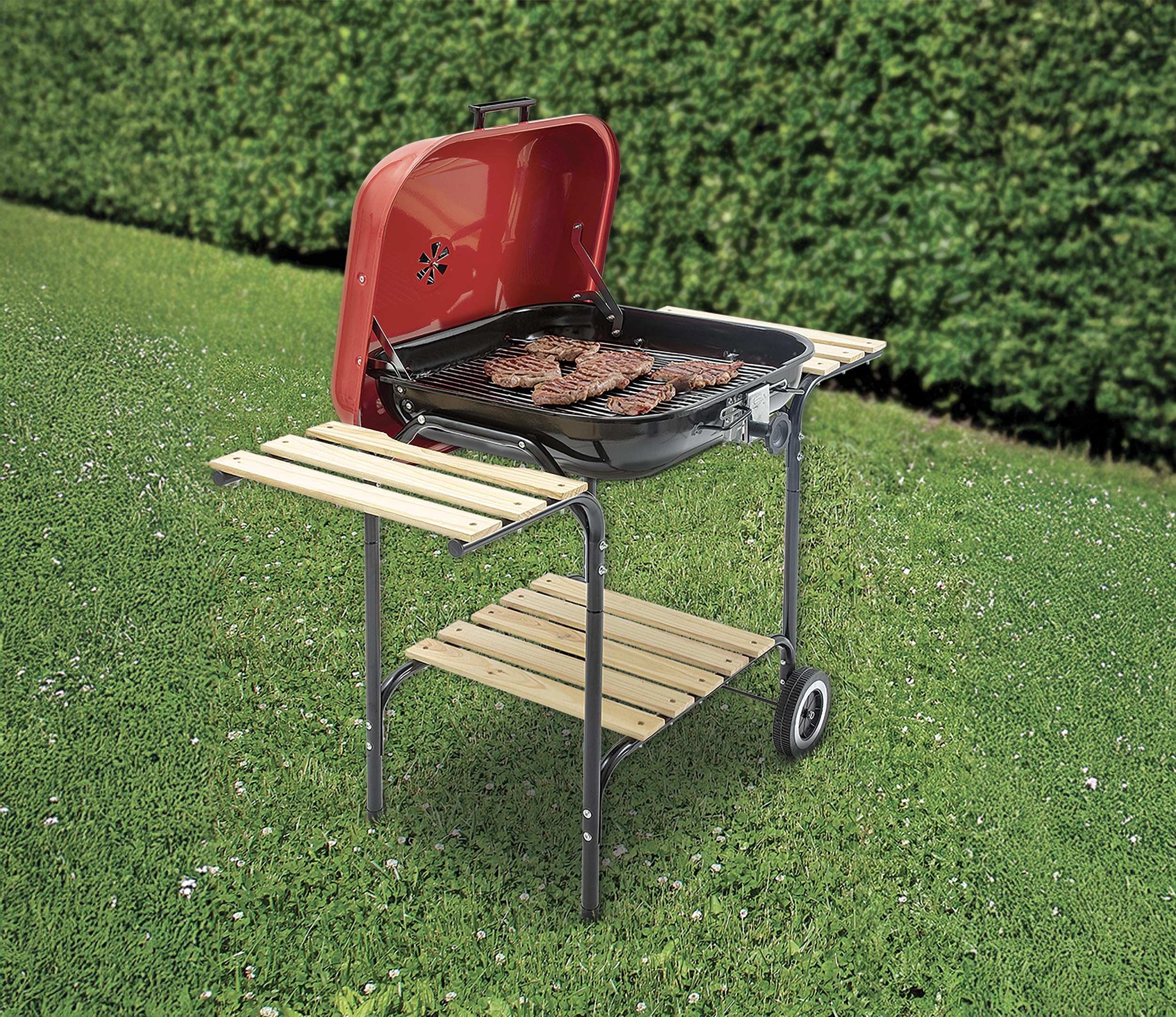 Barbeque a carbone con ruote, griglia regolabile e coperchio BBQ Efesto