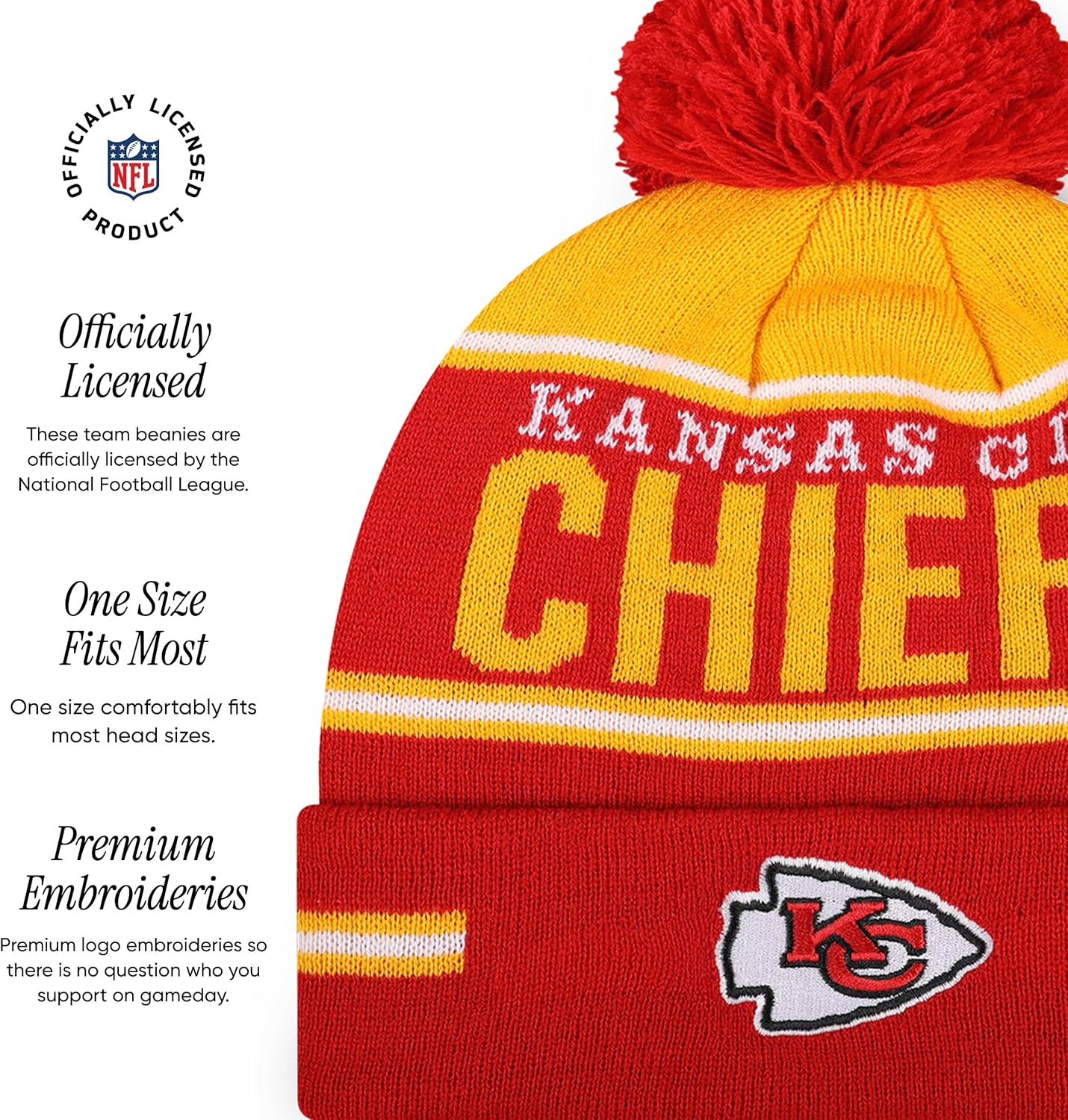 FOCO NFL Team Logo Big Wordmark Stripe Pom Beanie Hat - Image 4