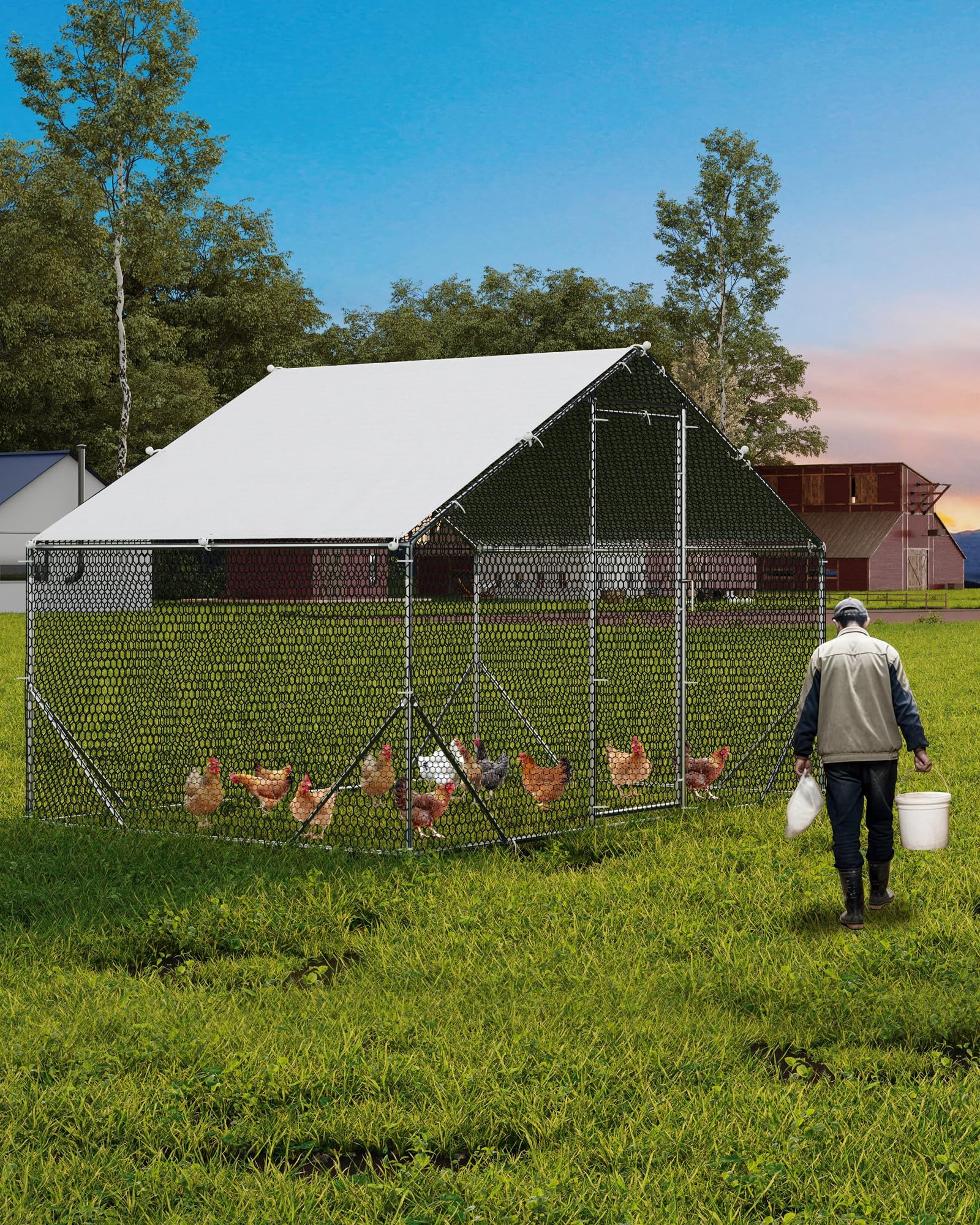 Grand Poulailler Métallique 3 x 2 x 2 m, Enclos pour Poules avec Tube en Acier Galvanisé, Toit en Bâche PE Résistante, Imperméable & Anti-UV, pour Poules et Petits Animaux, Extérieur