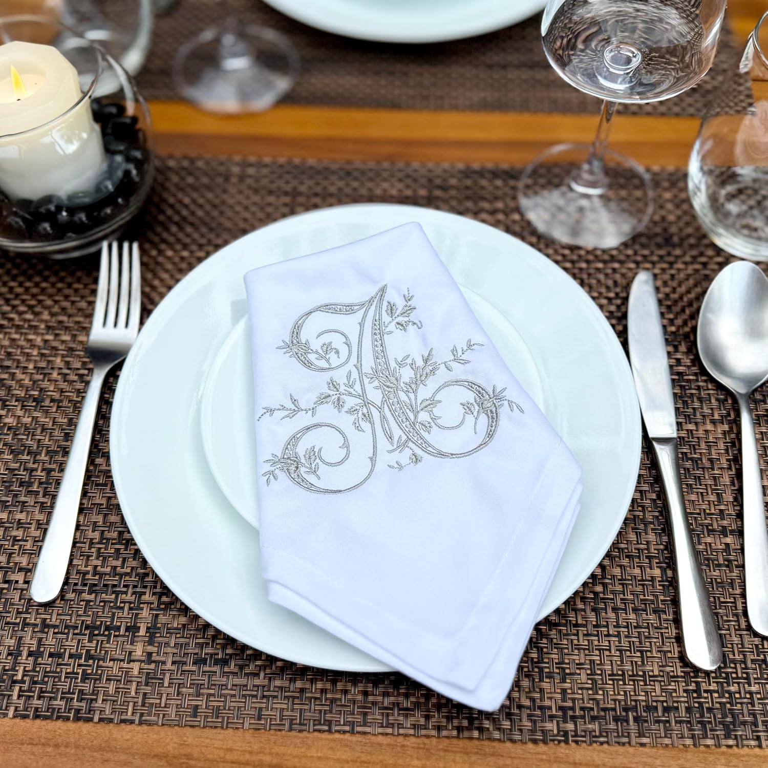 Personalized Monogram Napkins/Handkerchiefs Set of 1 (18"x18") – 100% Cotton Embroidered Cloth Keepsake with Custom Initial A–Z – 11 Thread Colors – for Weddings, Gifts, Parties (A-Light BLUE-1PK) image 4