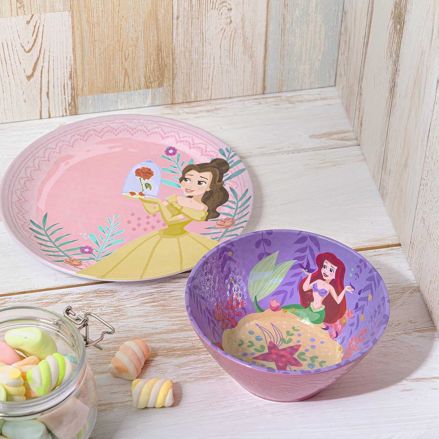 Zak Designs Disney Princess Dinnerware Set Includes Embossed Plate and Bowl, Made of Durable Material and Perfect for Kids (2 Pieces, Ariel & Belle, Non-BPA)