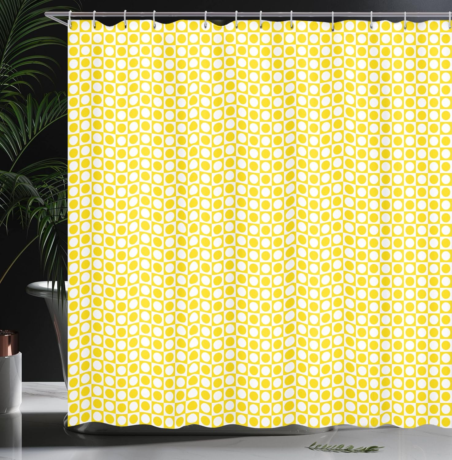 Ambesonne Yellow Shower Curtain, Circles in Squares Dots Like Patterned Modern Cool Geometric Print, Cloth Fabric Bathroom Decor Set with Hooks, 69" W x 75" L, Yellow and White