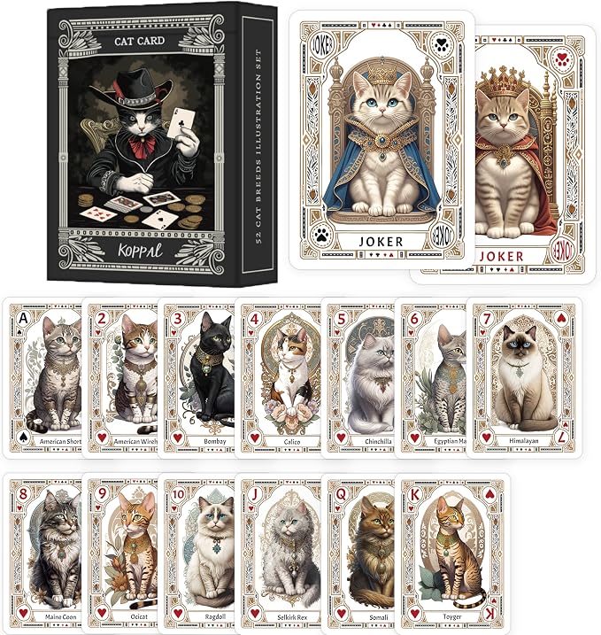Unique Vintage Cat Dog Portraits Playing Cards, Cute Pet Themed Poker Cards, Featuring Backup Deck,Standard Index(Poker Deck 54 Cards All Different), for Family Game Night