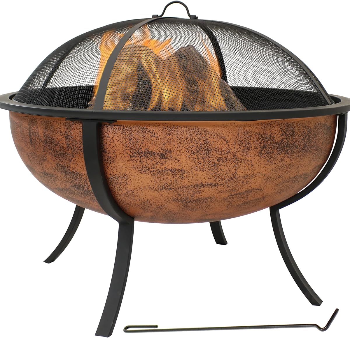 Sunnydaze Brasero redondo de acero para exteriores, 32 pulgadas, cobre | metal resistente, fácil montaje, con pantalla contra chispas, rejilla y atizador, brasero para patio exterior, terraza, patio trasero, hoguera