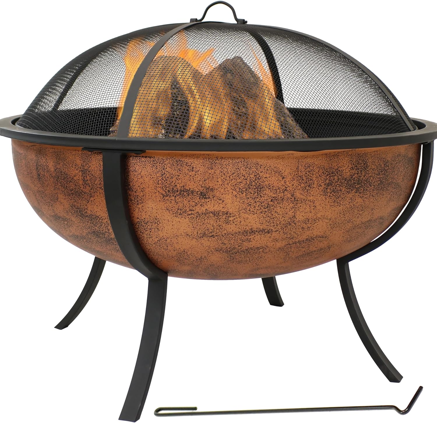 Sunnydaze 32-Inch Steel Fire Pit Bowl – High-Temperature Copper Finish Wood Burning Fire Pit with Screen, Wood Grate, and Poker