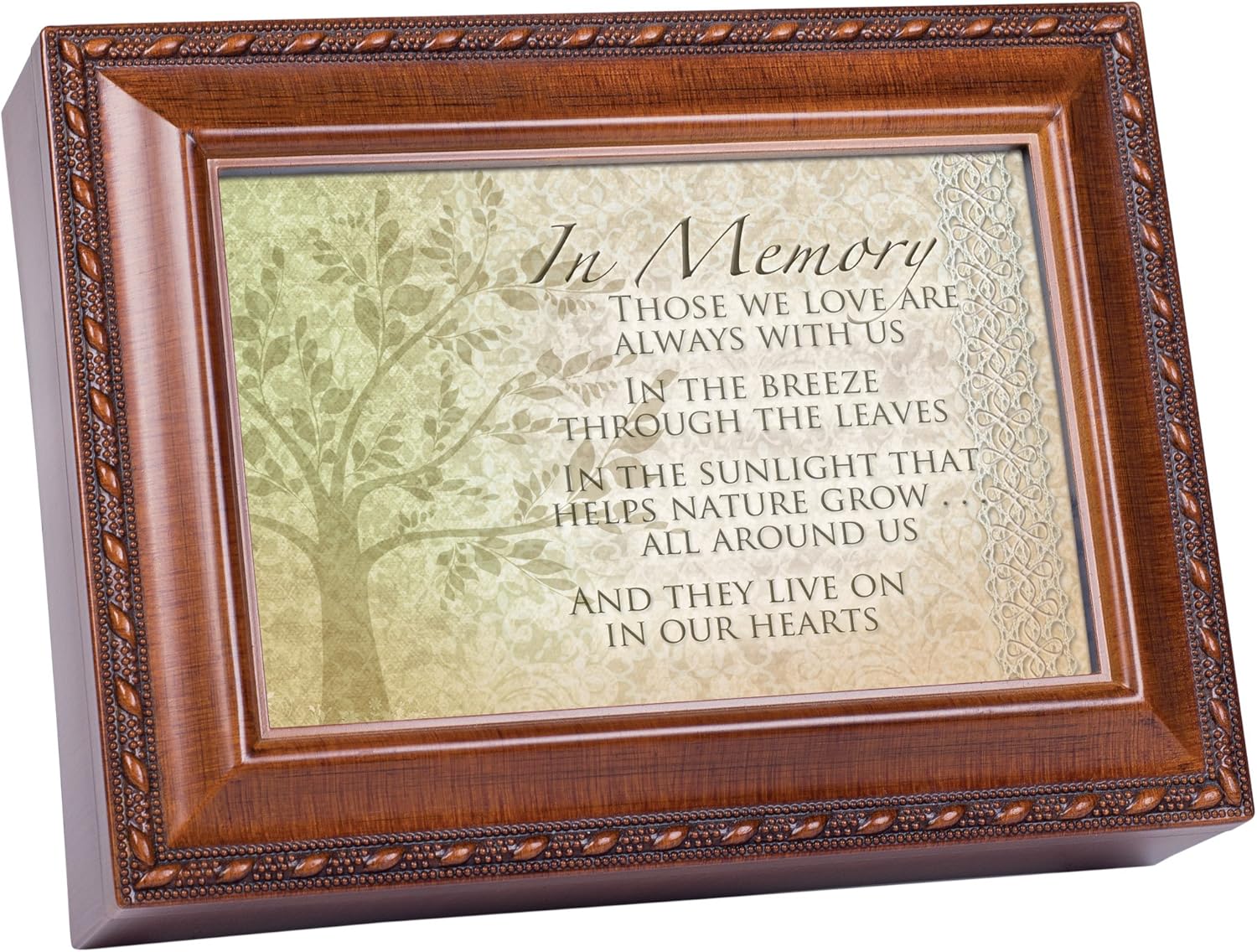 Cottage Garden in Memory Those We Love Woodgrain Rope Trim Jewelry Music Box Plays Wind Beneath My Wings