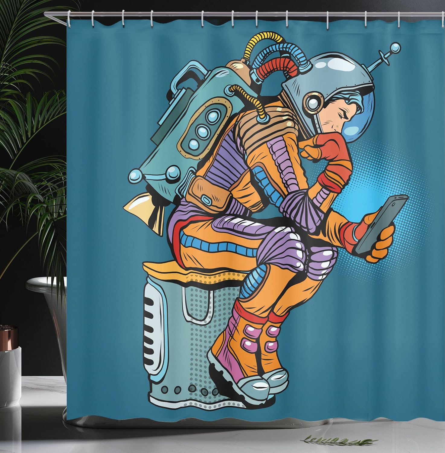 Ambesonne Outer Space Shower Curtain, Illustration of Astronaut with a Smartphone Pop Art Retro Style, Cloth Fabric Bathroom Decor Set with Hooks, 69" W x 84" L, Petrol Blue