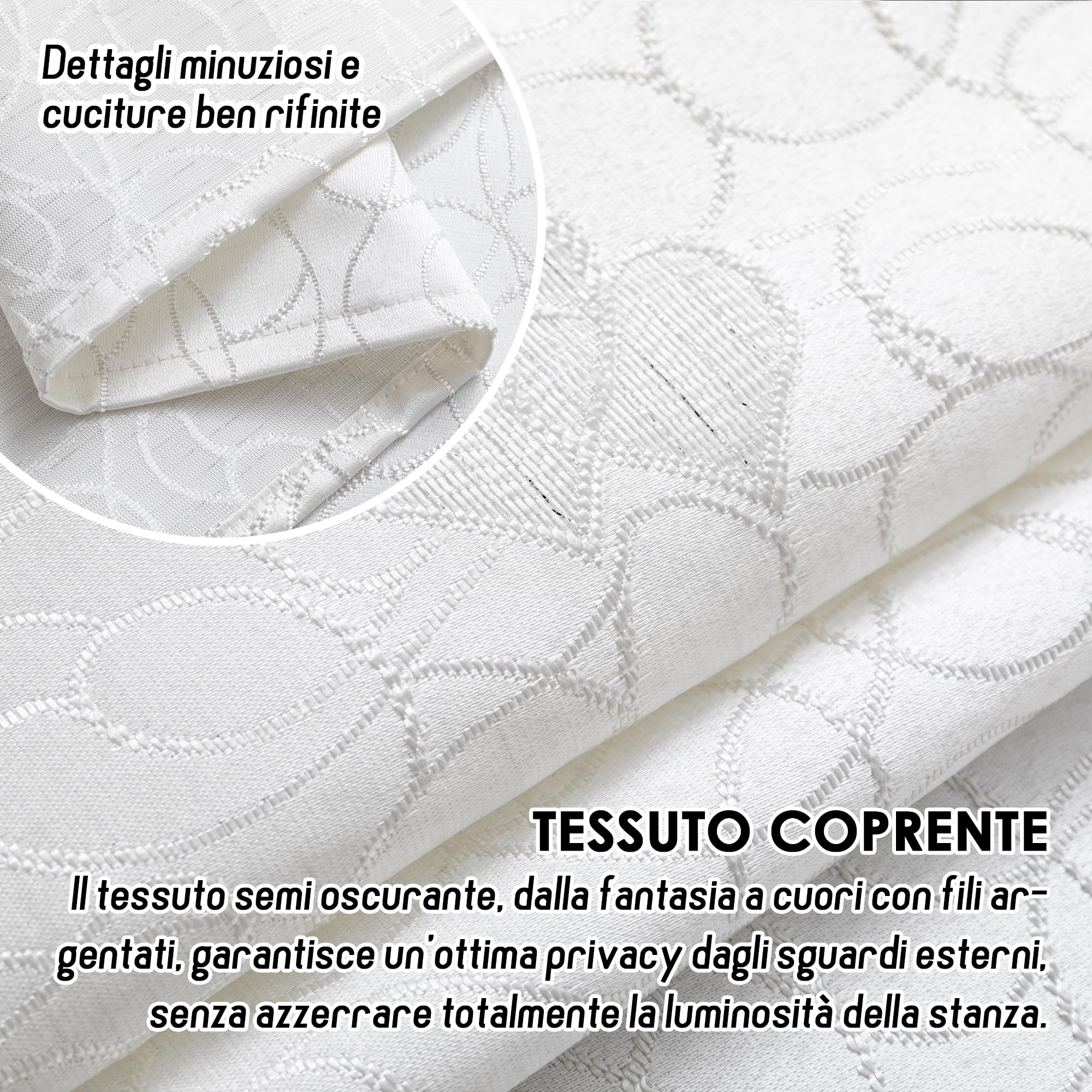 GIRASOLE Coppia Tende Semi Oscuranti Fantasia Cuori con Fili d'Argento Tenda per Soggiorno e Camera da Letto 2 Pannelli con Occhielli (Bianco, 140x280cm)
